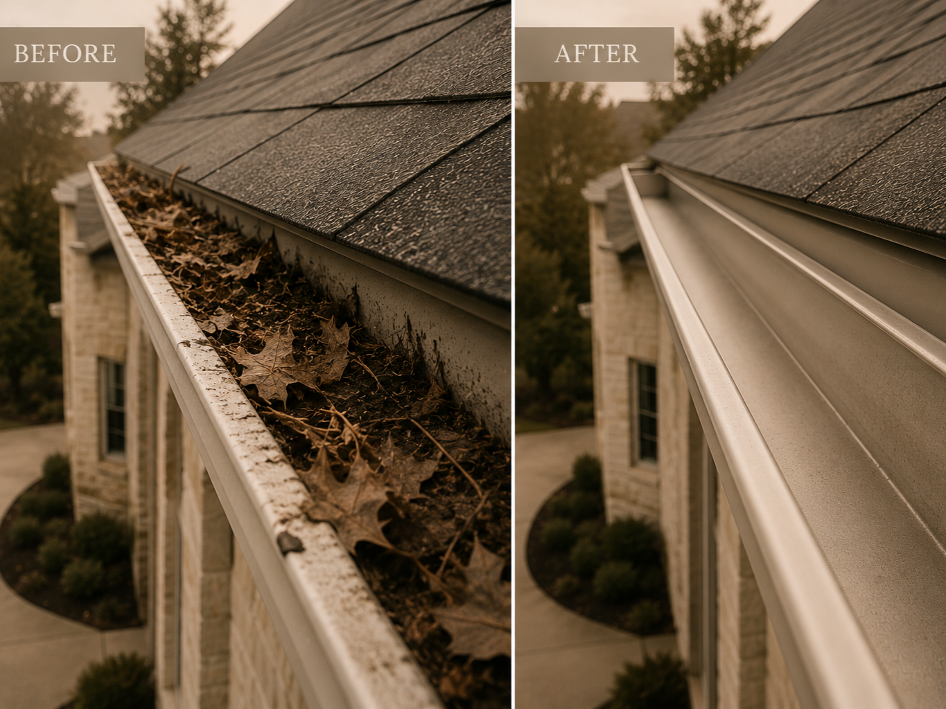 Close-up of a house gutter with leaves and debris before cleaning on the left, and after cleaning on the right.