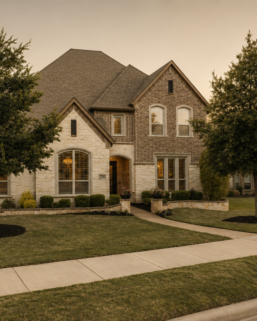 Front view of a two-story house with brick and stone exterior, arched windows, and a landscaped yard with trees and a sidewalk.