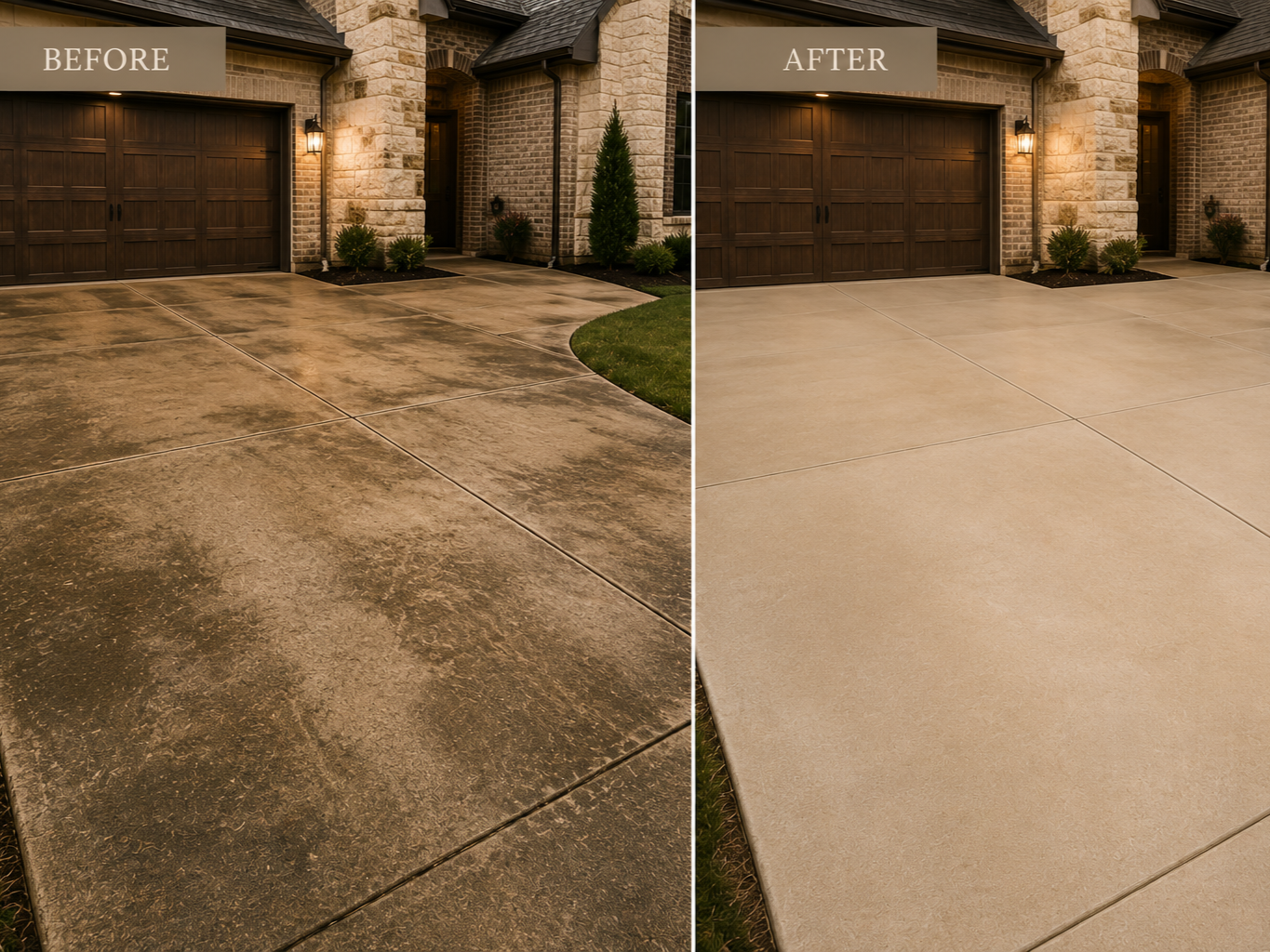 Comparison of a concrete driveway before and after cleaning, showing a dirty stained surface on the left and a clean light-colored surface on the right.