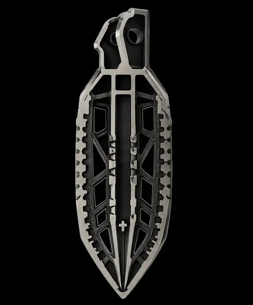Cross section of the STEALTH Sur-Ron foot peg showing the central structural spine, open debris channels, grip teeth and rear mounting bracket.