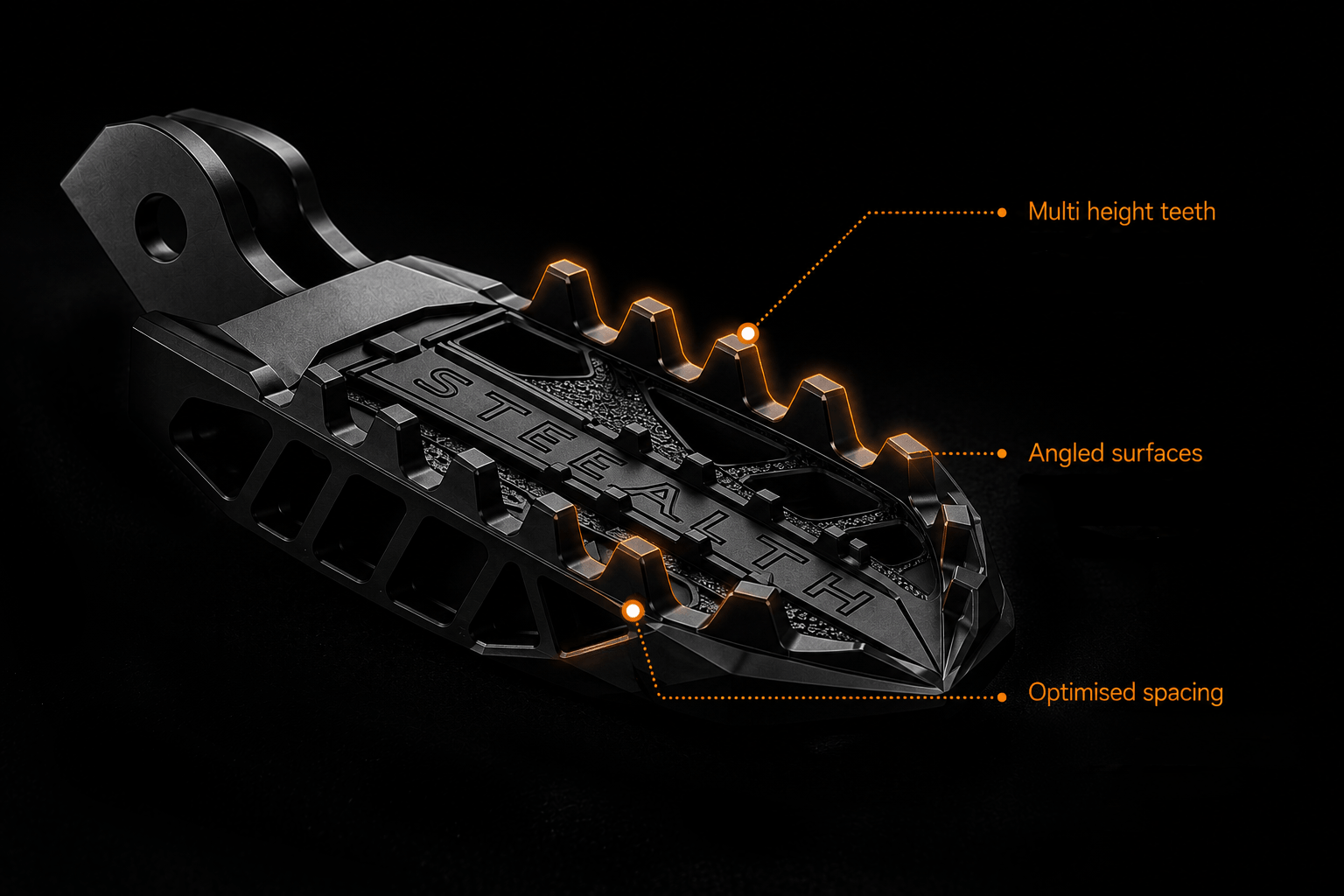 Black STEALTH TENAX™ electric dirt bike foot peg highlighting multi-height teeth, angled grip surfaces and optimised spacing.