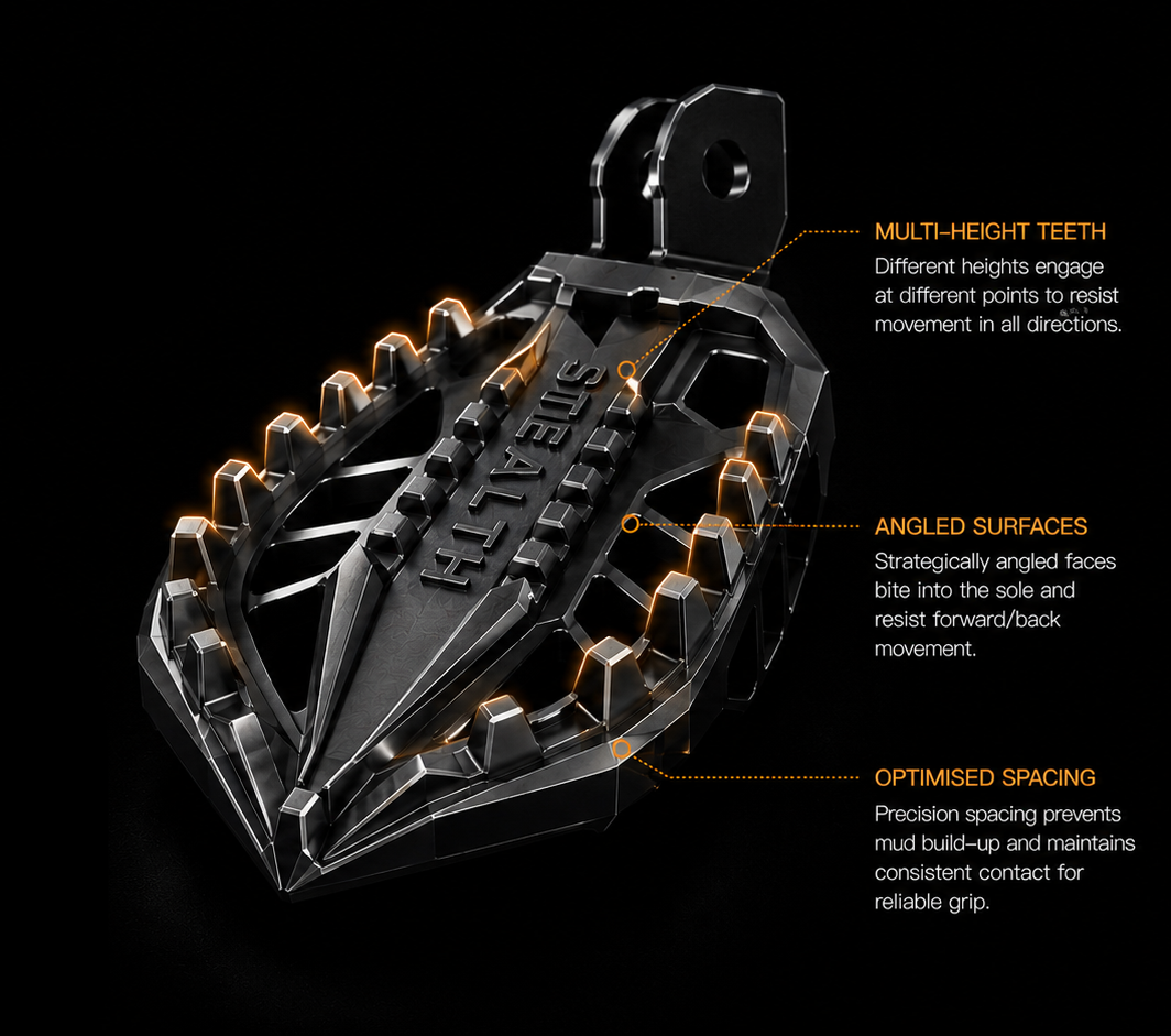 Directional tooth zones on STEALTH performance foot peg