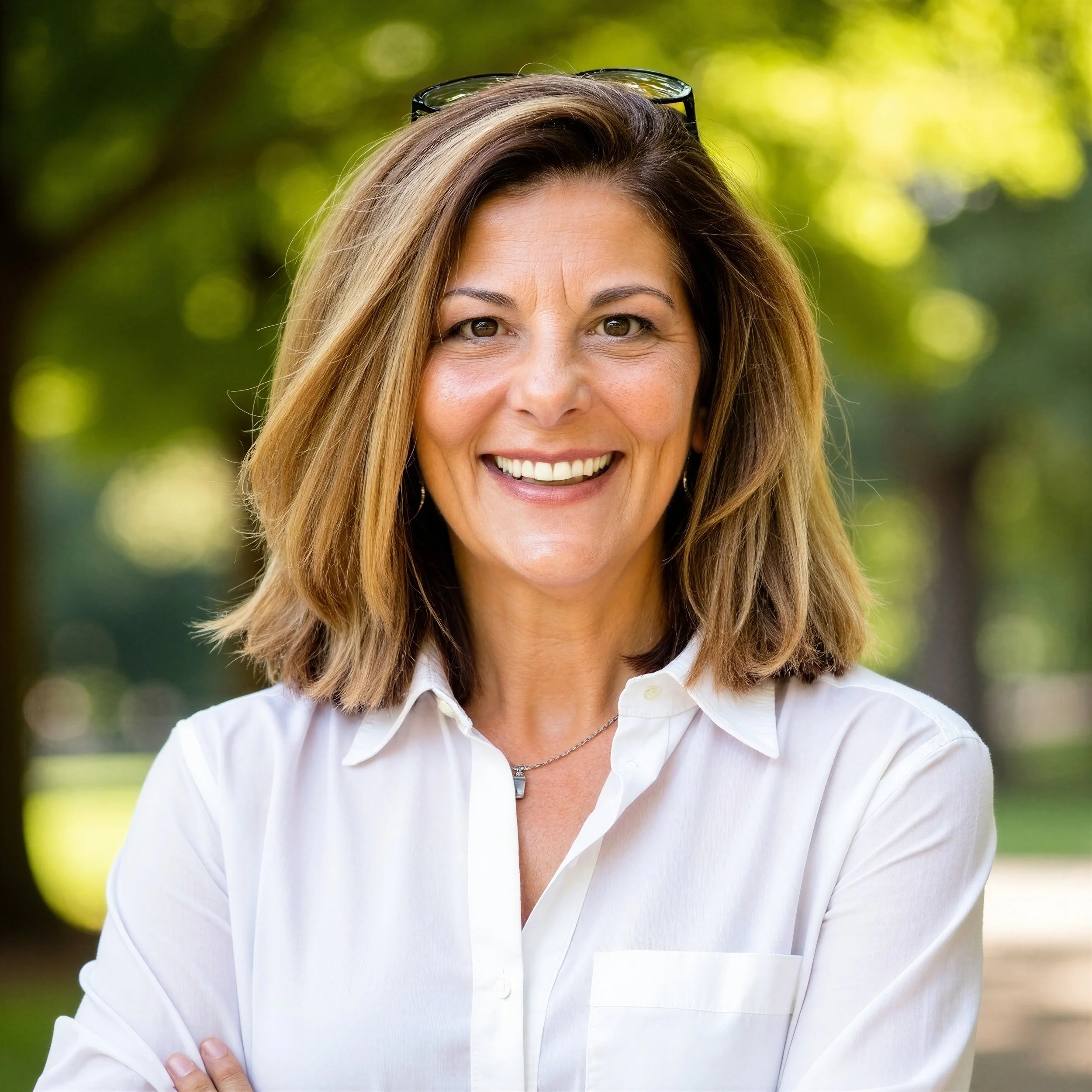 Close-up of a smiling woman with brown hair and sunglasses on her head, wearing a white shirt, outdoors with blurred greenery in the background.