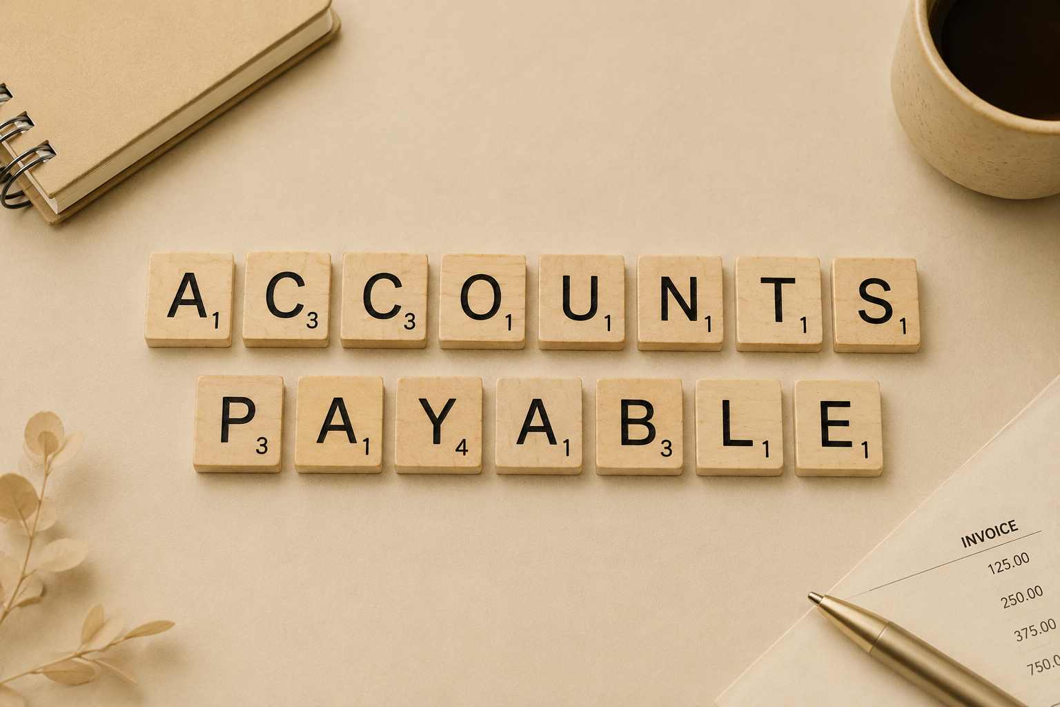 Scrabble tiles spelling out 'ACCOUNTS PAYABLE' on a beige surface, with a notebook, cup of coffee, invoice, and pen around it.