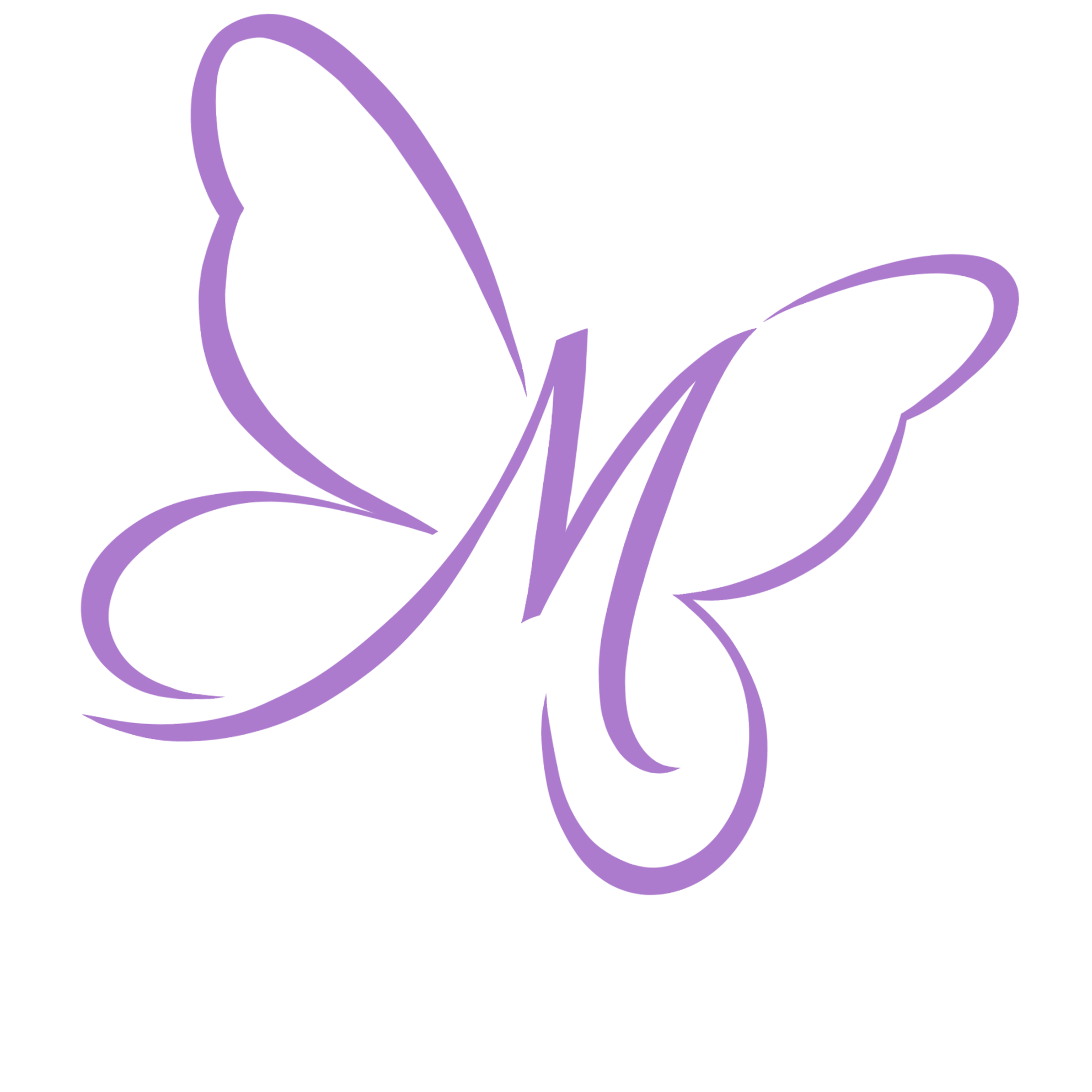 A purple line drawing of a butterfly on a black background.