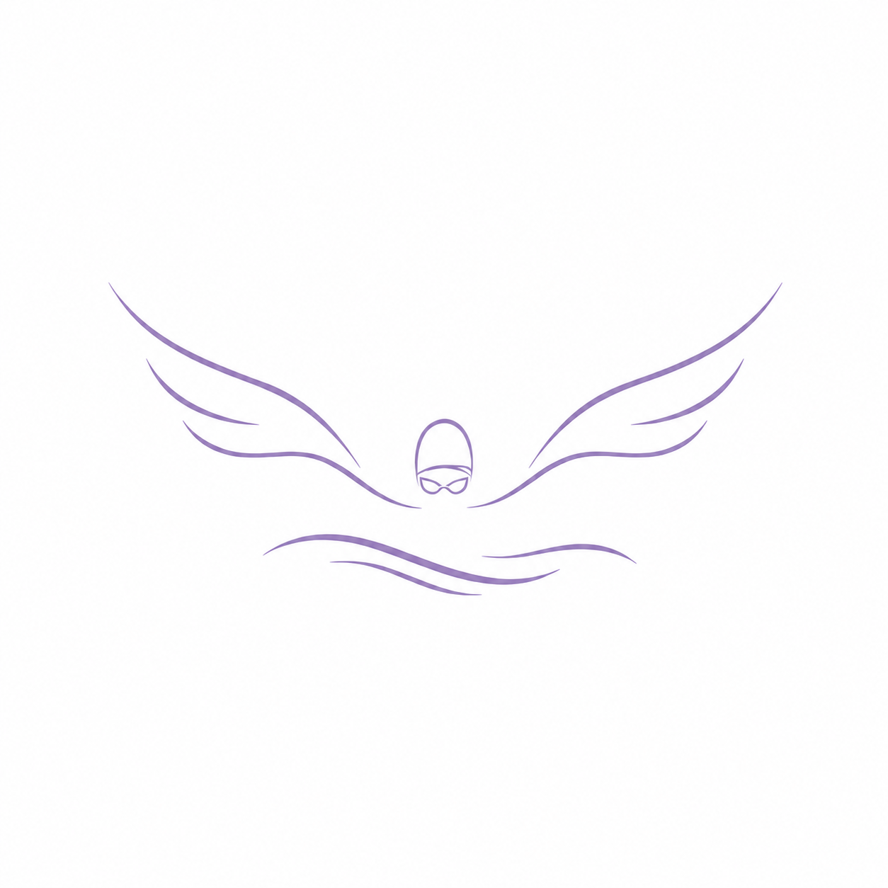 Minimalist illustration of a swimmer in a diving pose with wings, drawn in purple lines on a white background.