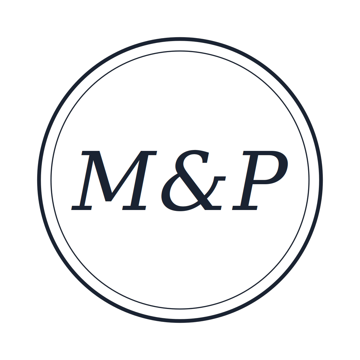 A white circular coin with black outlines and the letters 'M & P' in black in the center.