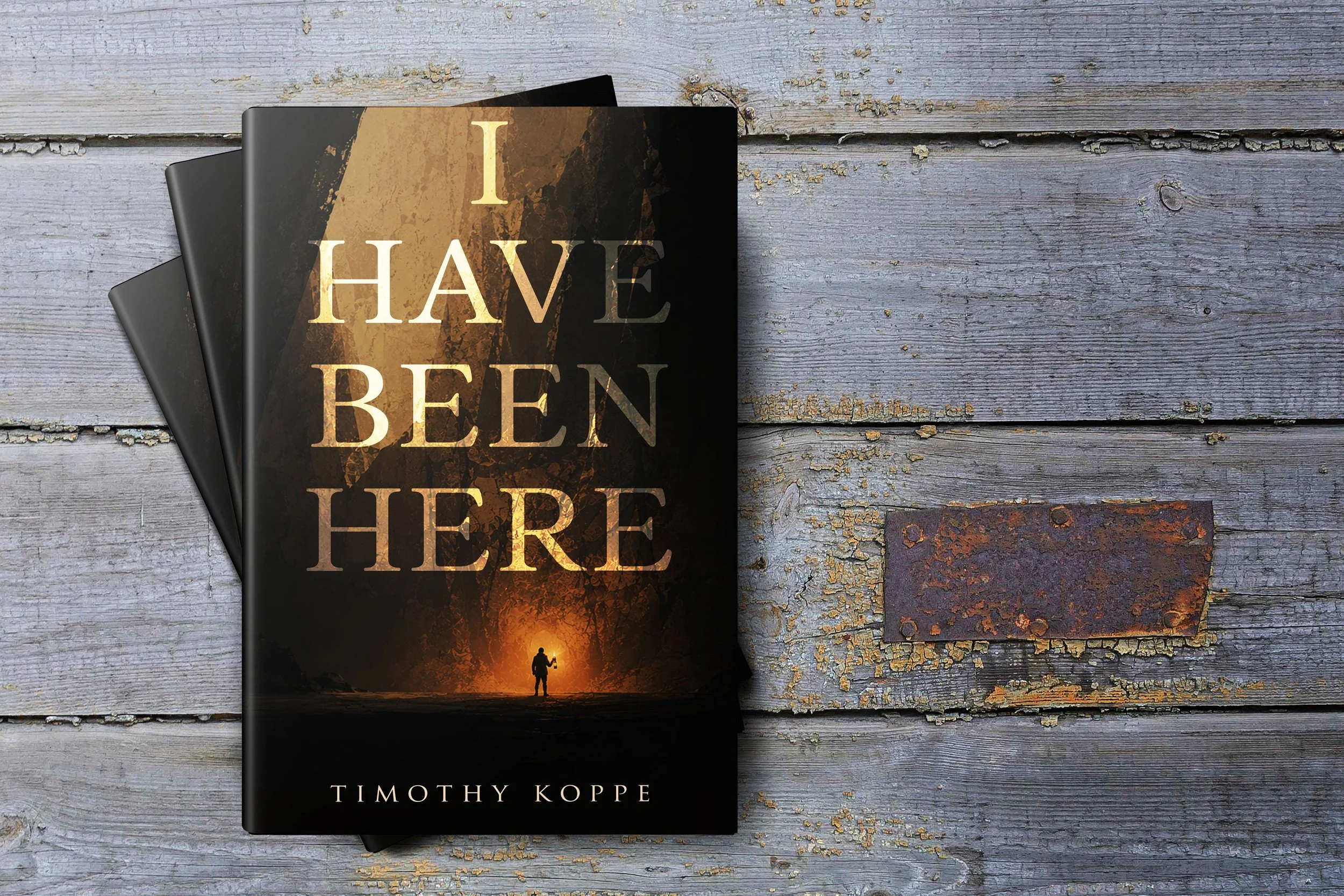 A black book with the title 'I HAVE BEEN HERE' in large beige letters, placed on a weathered grey wooden surface.