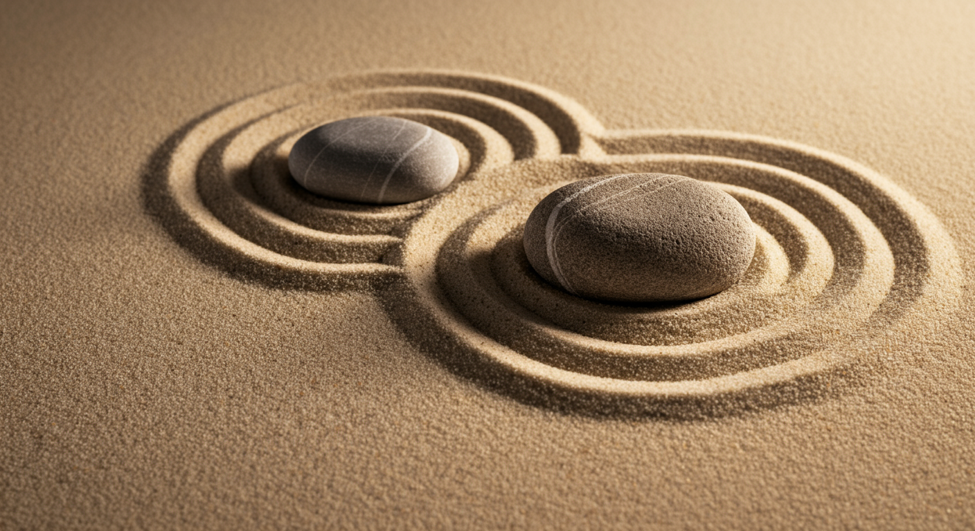Two smooth stones placed on sand, creating concentric circle patterns around each stone, with soft lighting highlighting the textures.