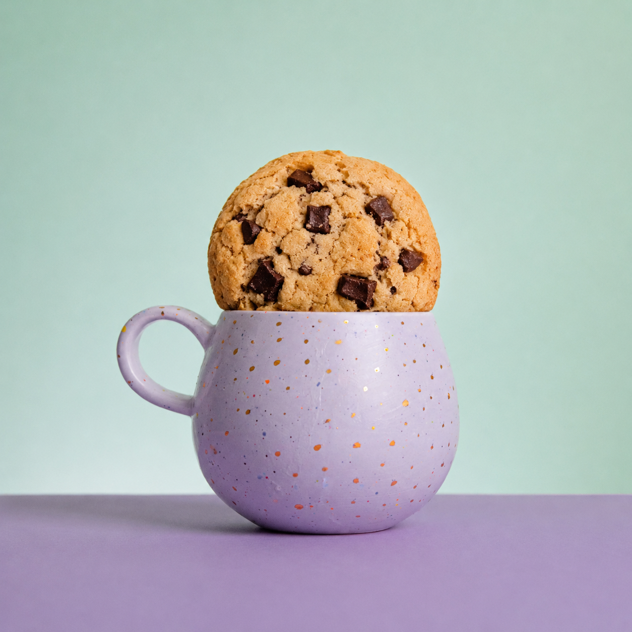 A cookie with chocolate chunks in a pastel purple speckled mug on a two-tone background.