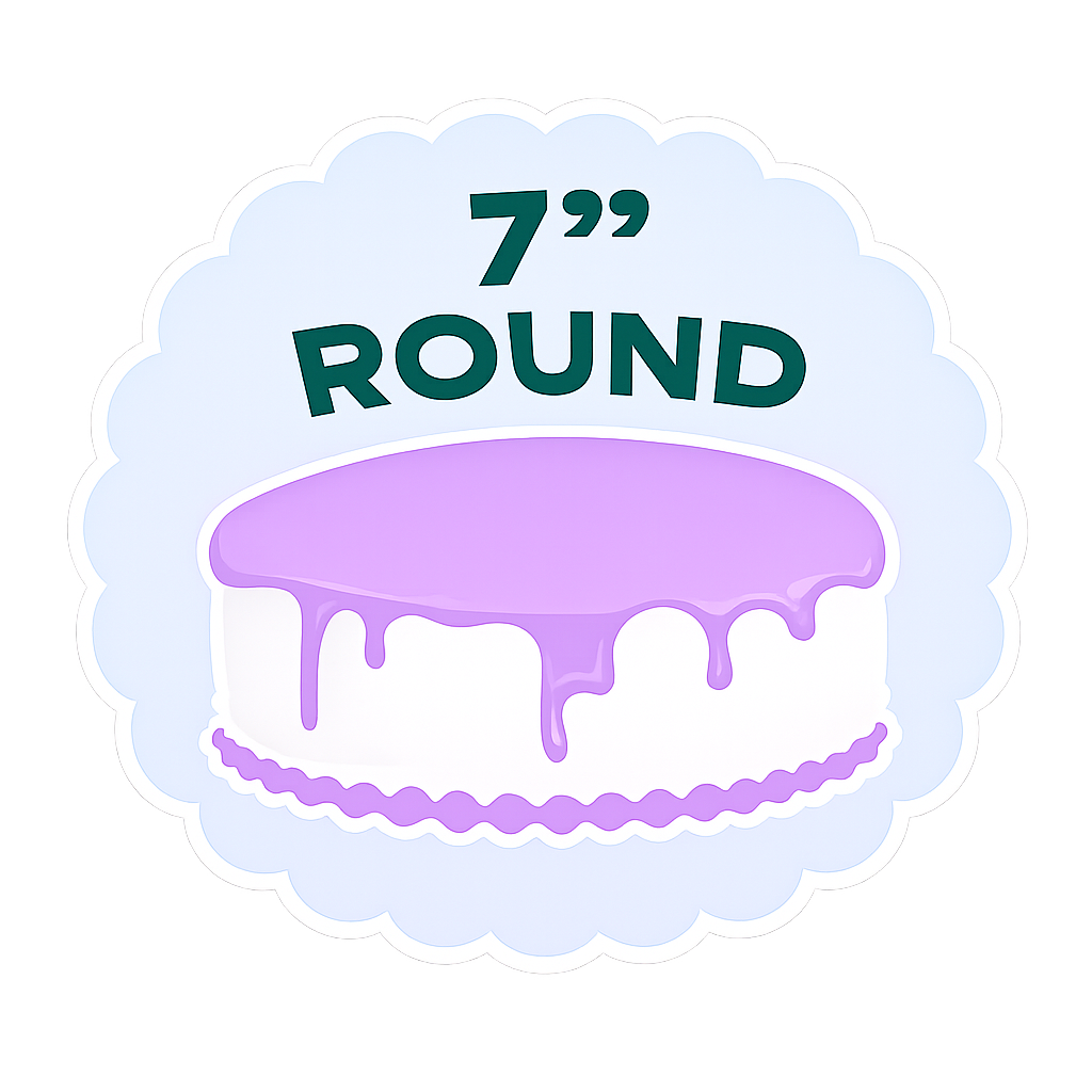 A cake with purple icing and white icing on the bottom, with the text '7'' ROUND' cake option