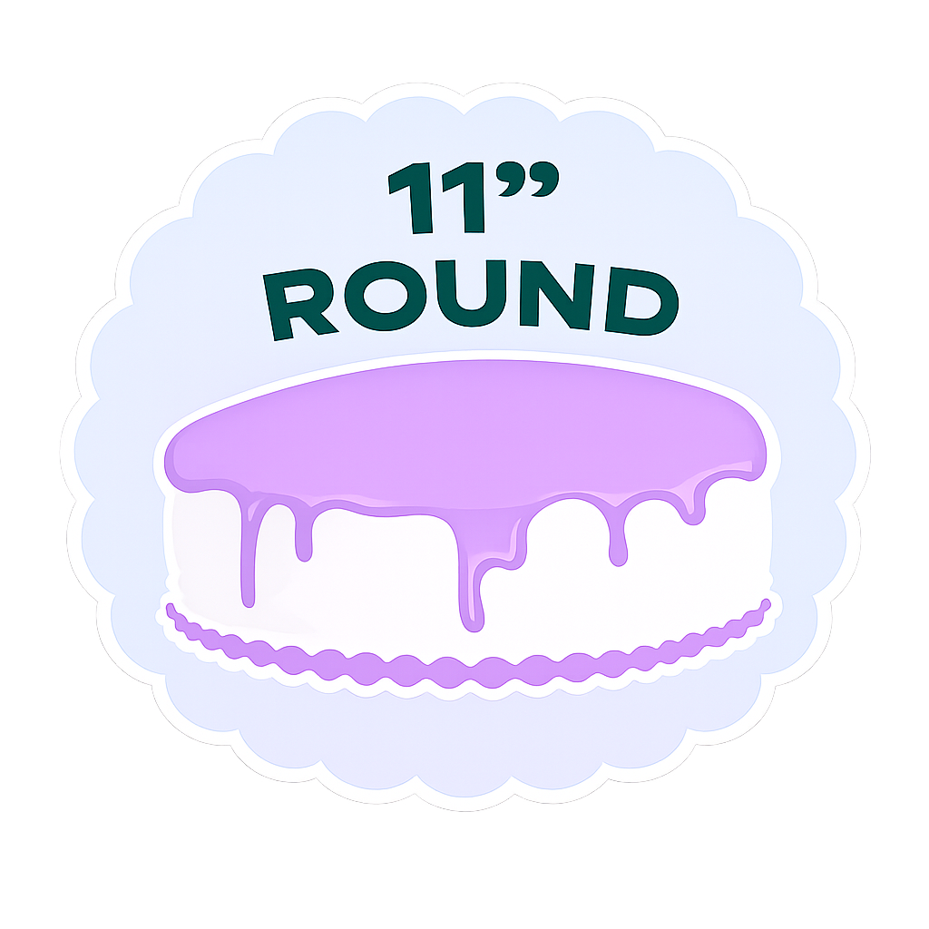 A cake with purple icing and dripping design, surrounded by a light purple cloud shape, with the text "11'' ROUND" cake option