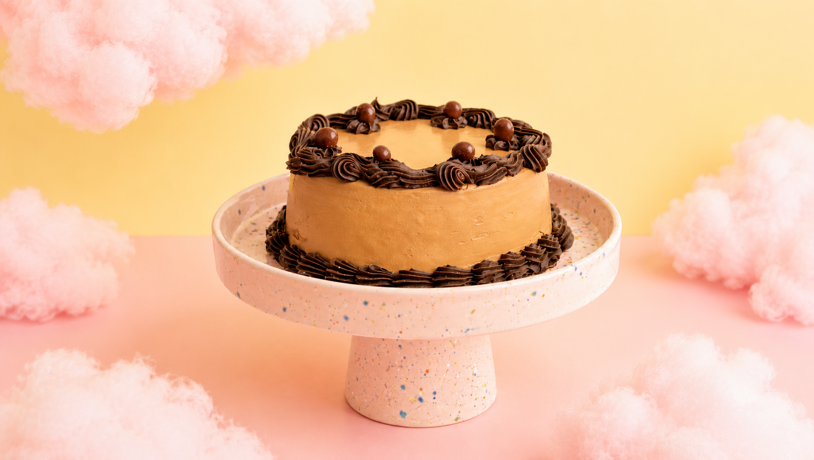 Chocolate frosted cake with chocolate cream decorations and round chocolate balls on top, on a speckled pink cake stand, surrounded by pink cotton candy clouds on a pastel yellow and pink background.