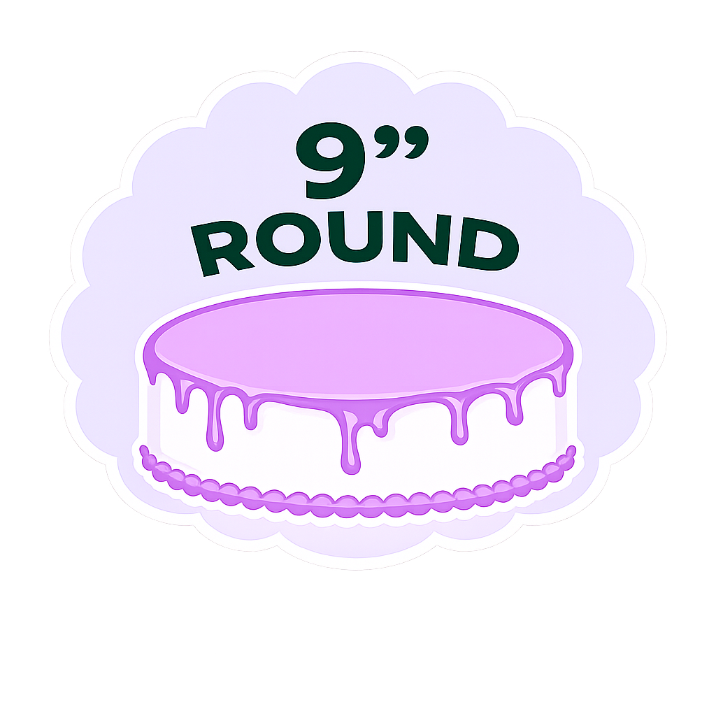 A cake with purple icing and dripping design, surrounded by a light purple cloud shape, with the text "9'' ROUND" cake option