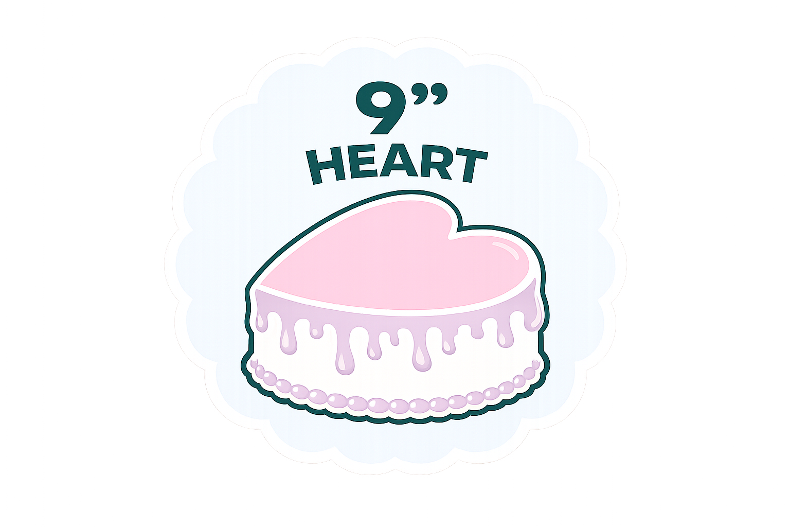 A cartoon-style illustration of a heart-shaped cake with pink icing and dripping purple icing, 9" heart cake option