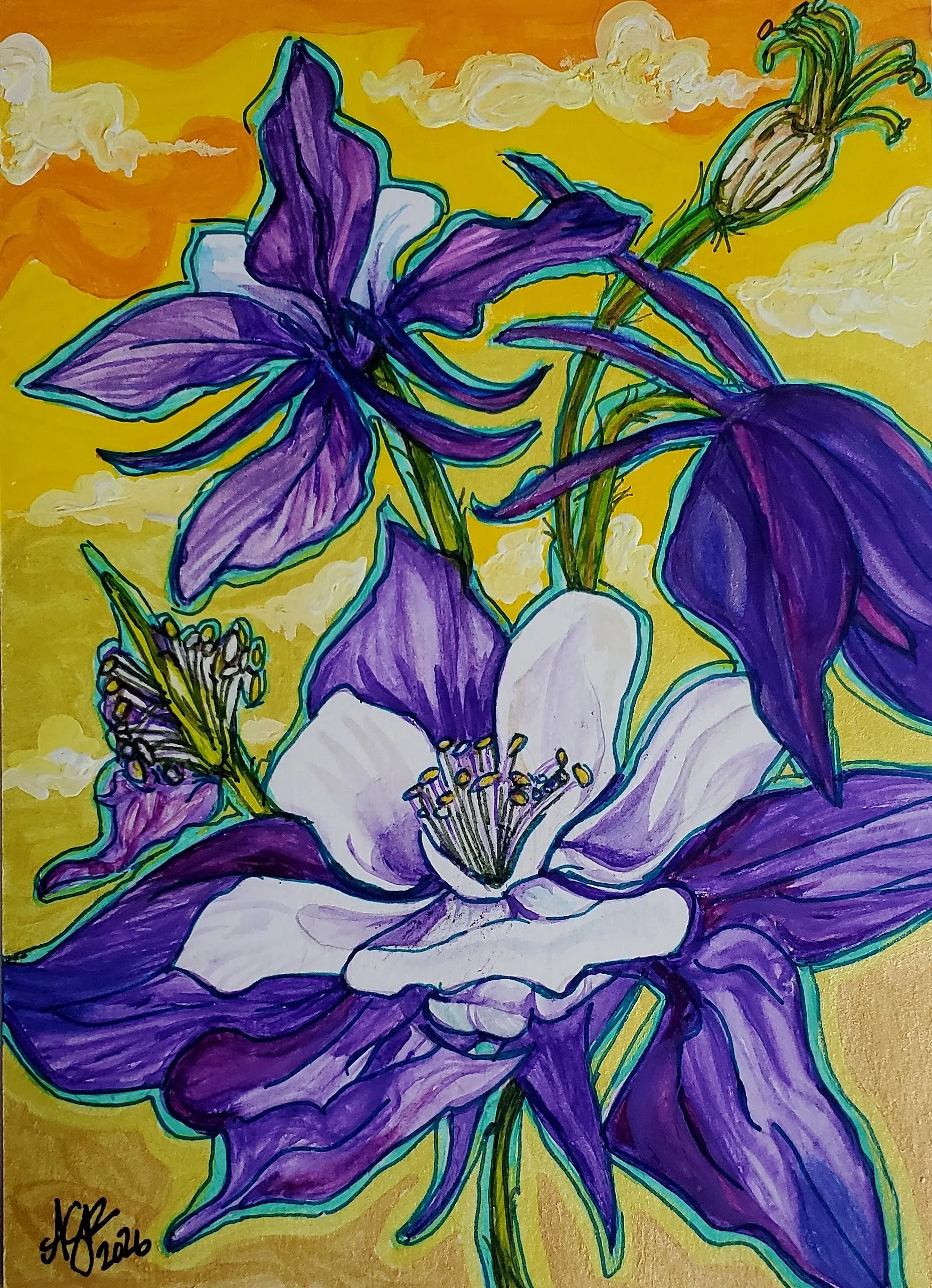 Pacific Northwest artist Aubrey Redmon Aquilegia columbine watercolor painting gouache painting and ink on paper art flower painting botanical art
