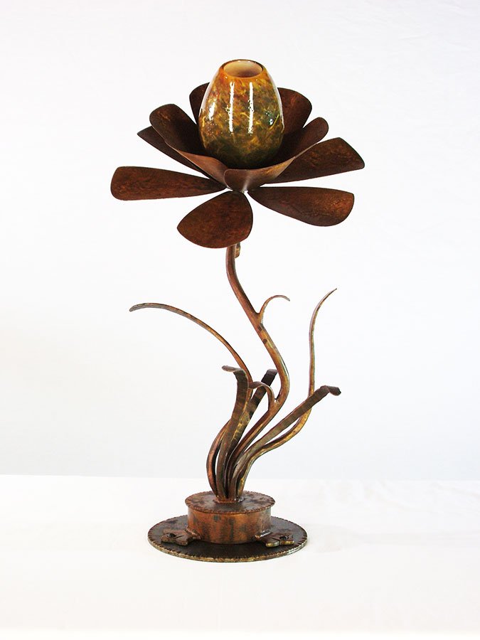 Pacific Northwest artist Chet Redmon recycled scrap salvage steel reclaimed metal handblown glass lighting sculpture Bellingham Washington