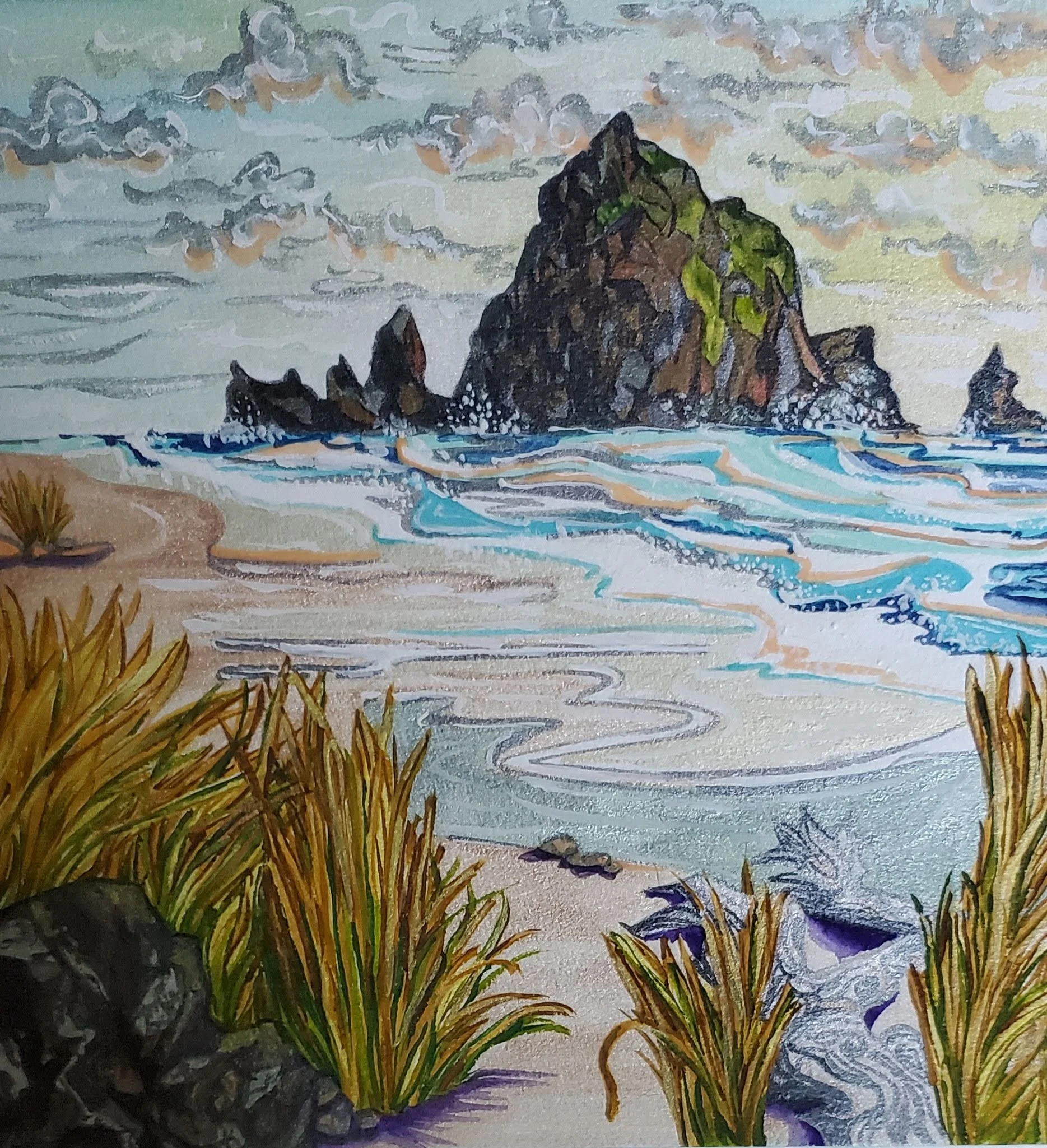 Pacific Northwest artist Aubrey Redmon Haystack Rock Cannon Beach Oregon Coast watercolor painting, gouache painting on paper landscape painting