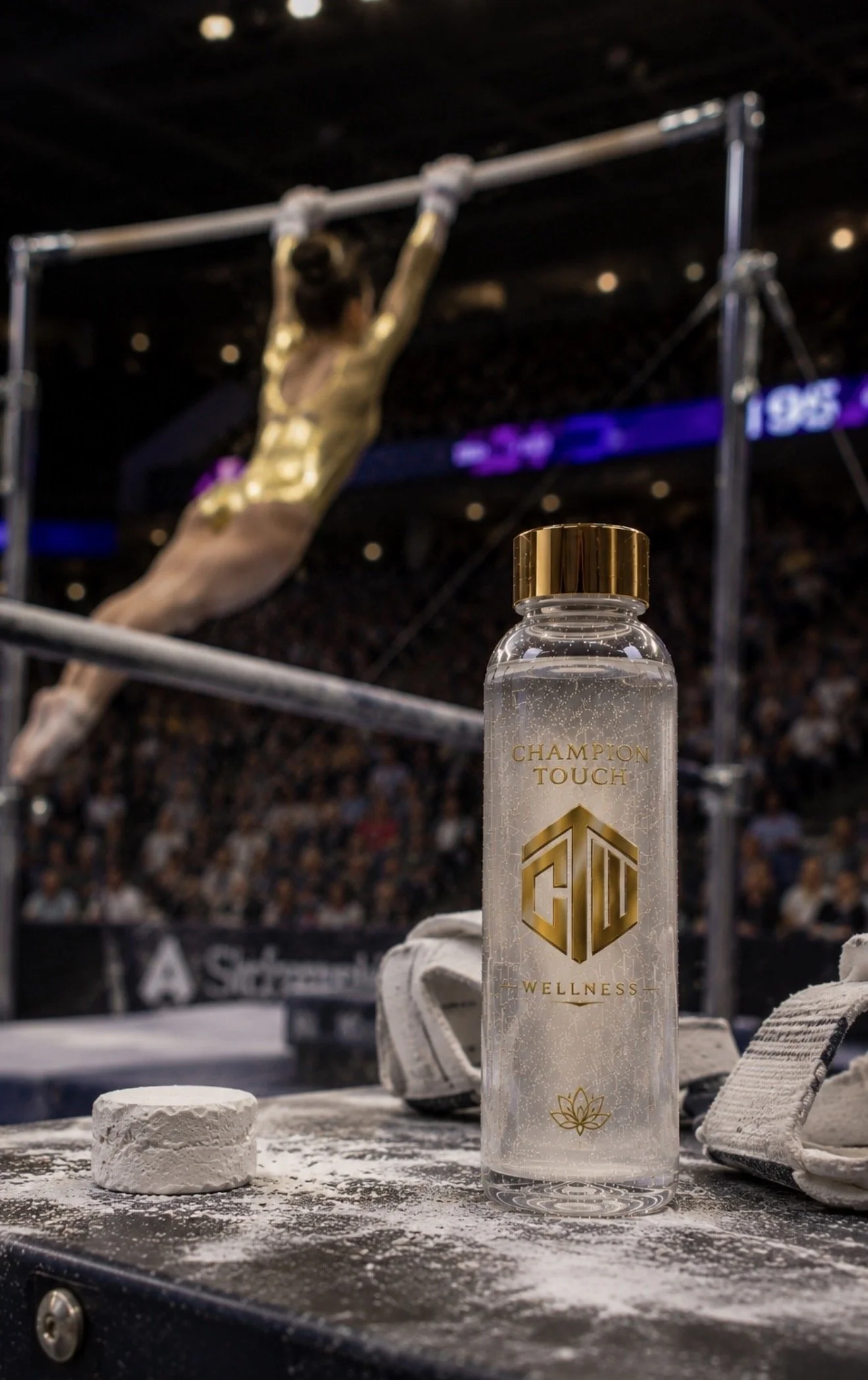 A clear plastic bottle labeled 'Champion Touch Wellness' with a gold cap and gold logo, placed on a black surface with scattered white chalk dust, in front of a blurred gymnast performing on parallel bars in a sports arena filled with spectators.