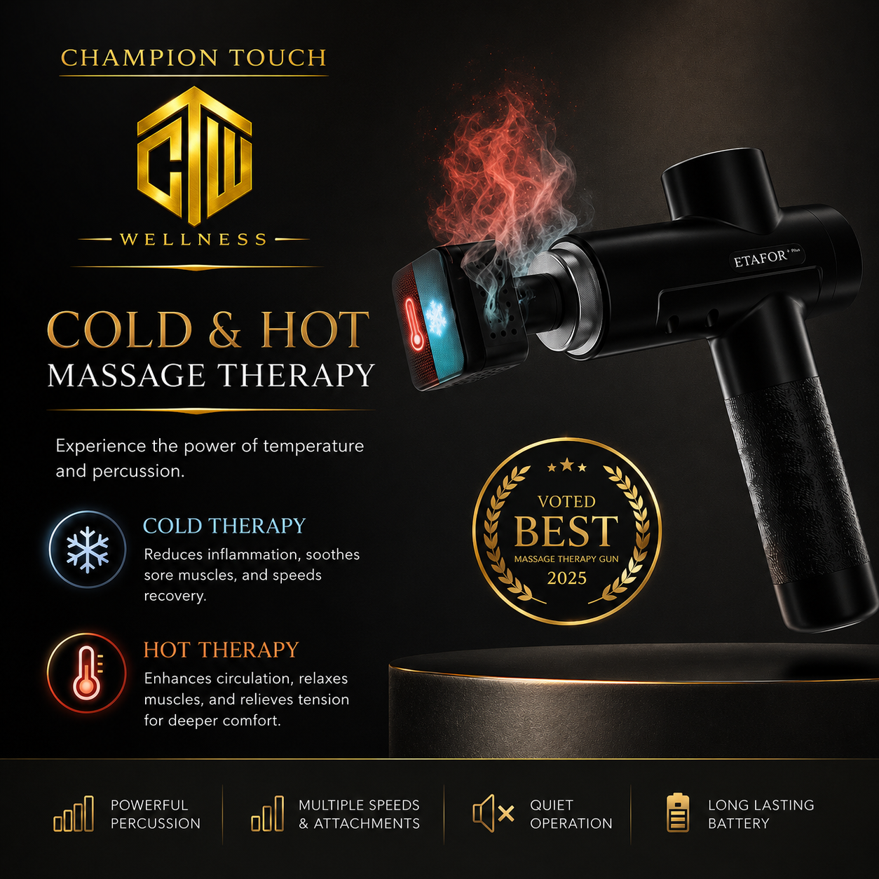 Advertisement for a massage therapy gun called ETAFOR by WELLNESS, featuring cold and hot therapy options. The image shows the gun firing, producing steam or mist, with icons indicating cold and hot therapy benefits, and a label stating it was voted best in 2025. Additional icons highlight powerful percussion, multiple speeds and attachments, quiet operation, and long-lasting battery.