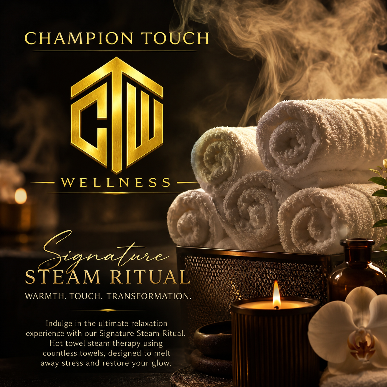 A promotional image for a wellness steam ritual featuring rolled white towels, a lit candle, and incense, with text about relaxation and stress relief.