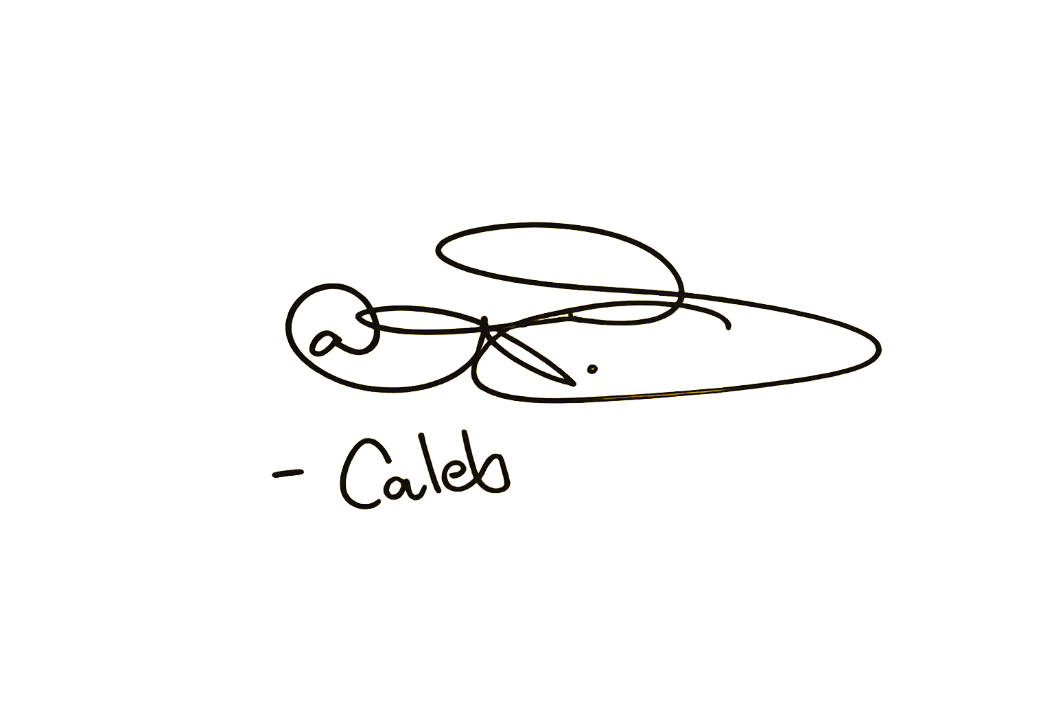 Hand-drawn doodle of a pair of sunglasses with the name 'Caleb' written below in black marker on a yellow background.