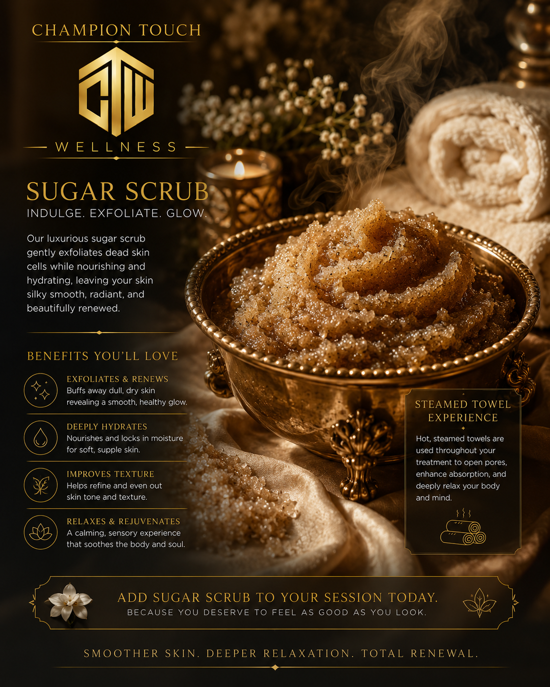Promotional advertisement for a sugar scrub treatment featuring a bowl of sugar scrub, steamed towels, and candles with decorative flowers in a luxurious spa setting.