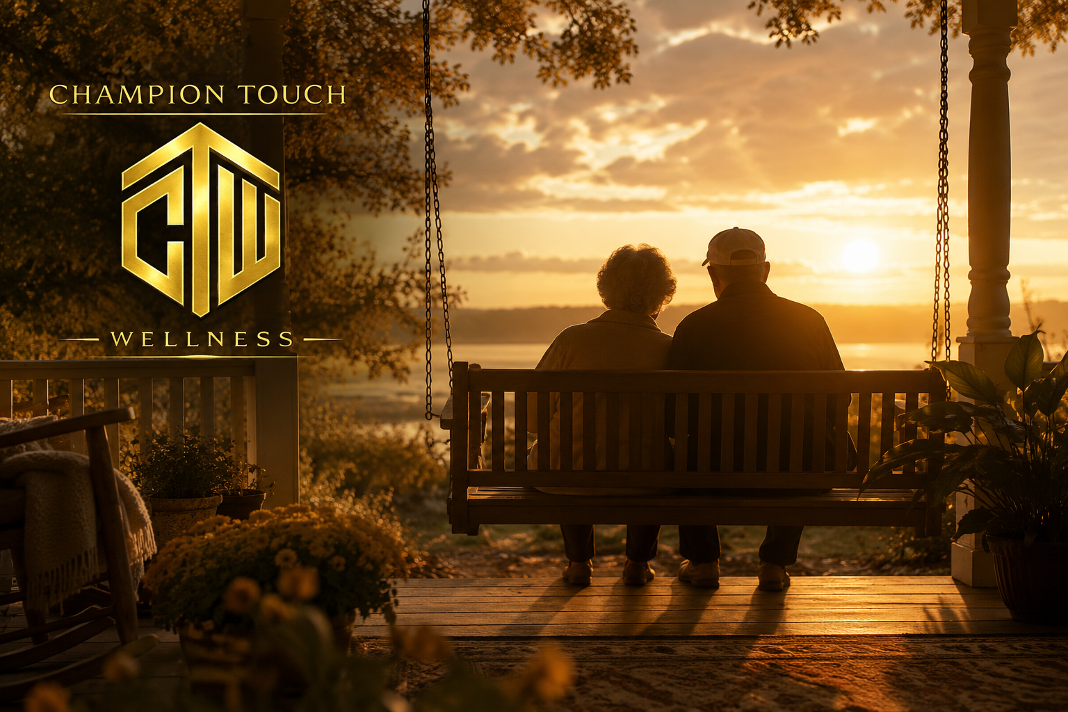 Silhouettes of an elderly couple sitting on a porch swing at sunset, with trees and a body of water in the background. The scene includes a logo and the words 'Champion Touch Wellness' on the left side.