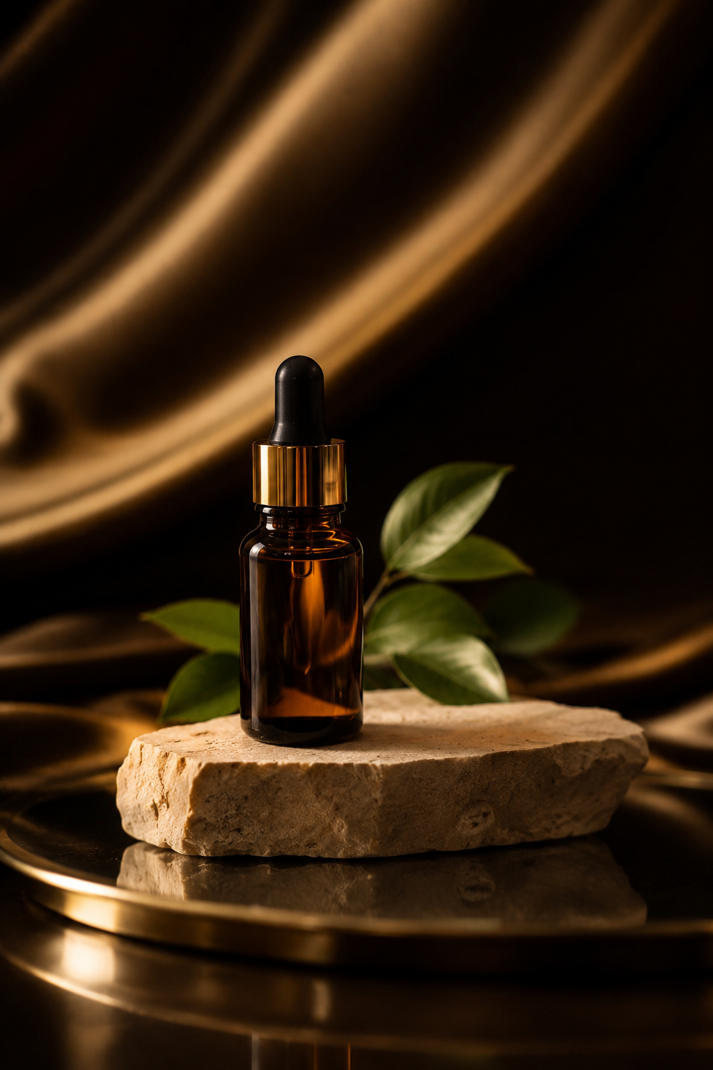 A small amber glass dropper bottle with a black dropper cap sits on a rough stone slab, with green leaves behind it, against a dark and gold velvet background.