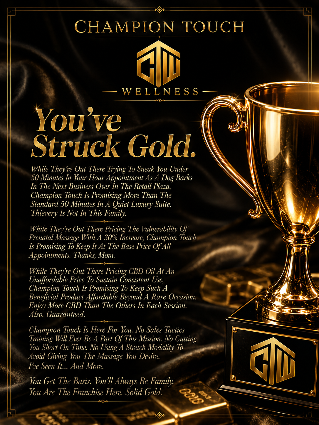 A luxury digital advertisement for Champion Touch Wellness featuring gold and black colors. It includes a gold trophy with a star and a logo, gold text emphasizing the phrase "You've Struck Gold," and various marketing messages about wellness services and CBD products.