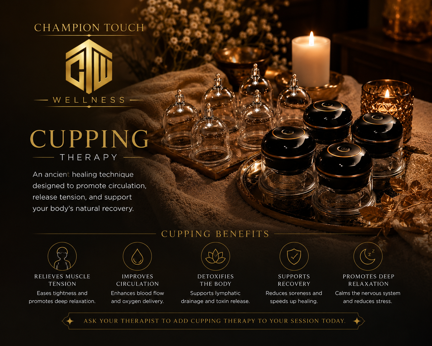 A promotional image for wellness cupping therapy showing glass cups, candles, and decorative elements on a table with text describing the therapy and its benefits.