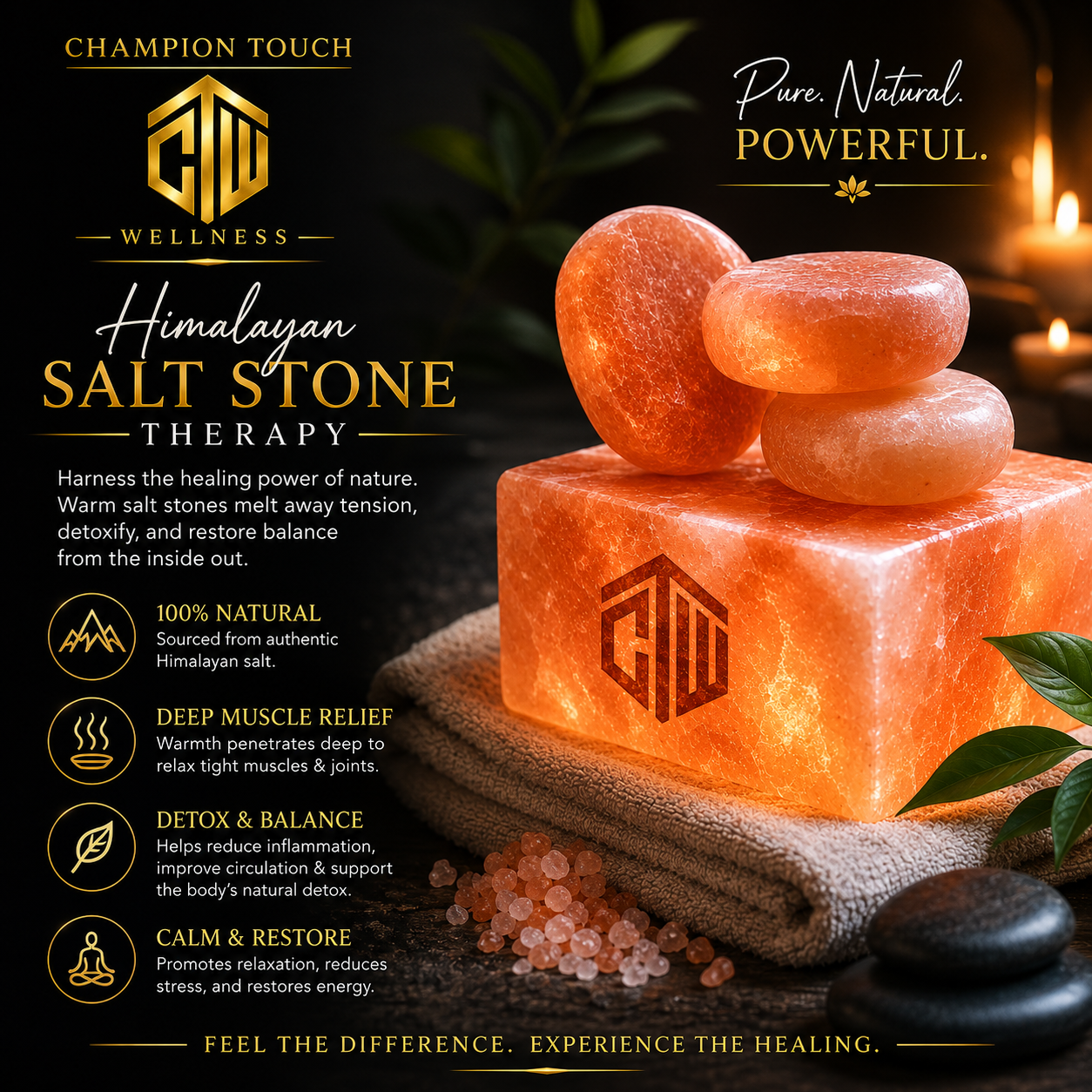 Poster advertising Himalayan salt stone therapy with glowing salt stones on a towel, Himalayan salt chunks, and green leaves, promoting wellness, detox, and relaxation.