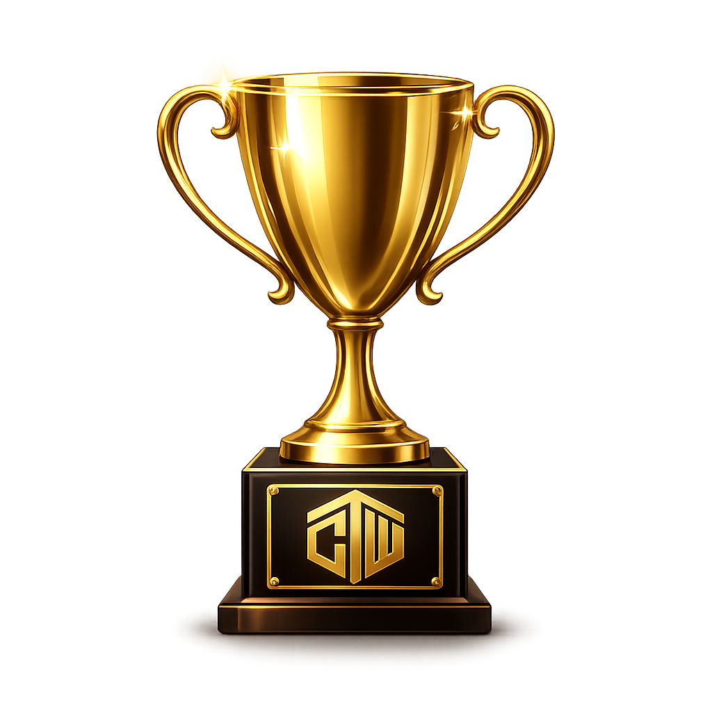 A gold trophy cup with black base and gold emblem, set against a dark background.