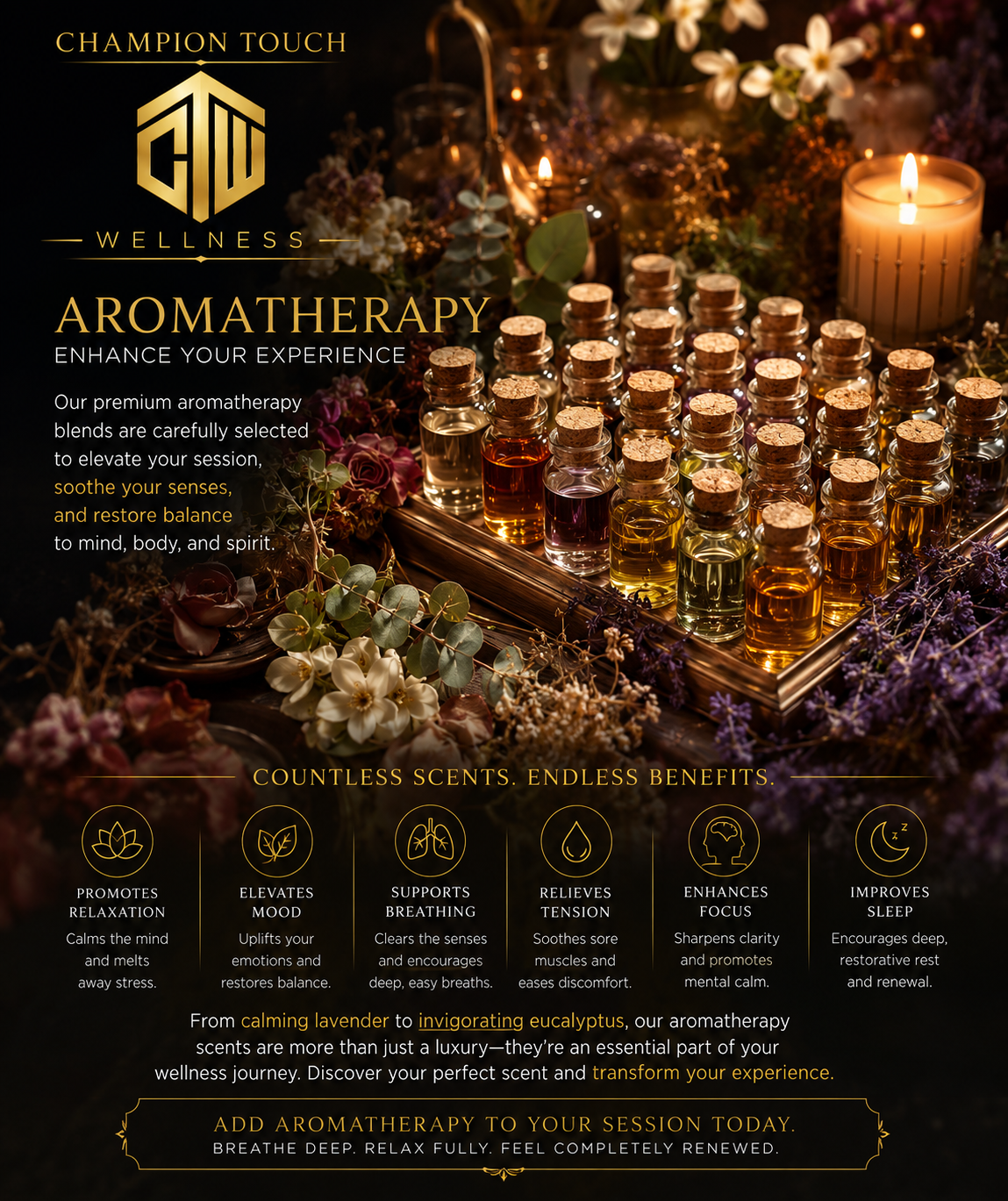 A display of small glass bottles filled with various colored essential oils, surrounded by flowers and candles, promoting aromatherapy for wellness.