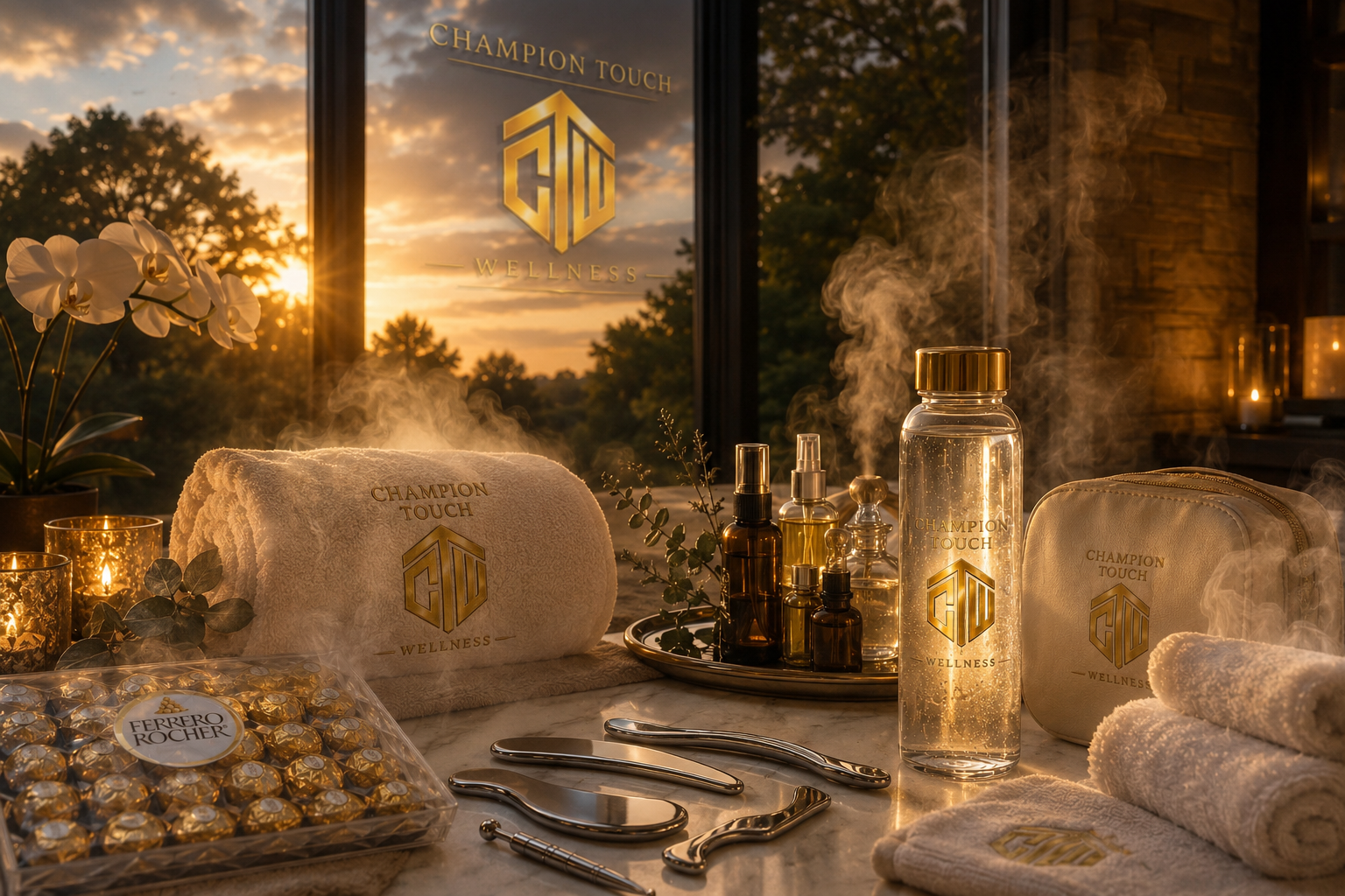 A wellness spa set up with towels, bottles, and candles on a marble surface, illuminated by sunset light through a window with the 'Champion Touch Wellness' logo.