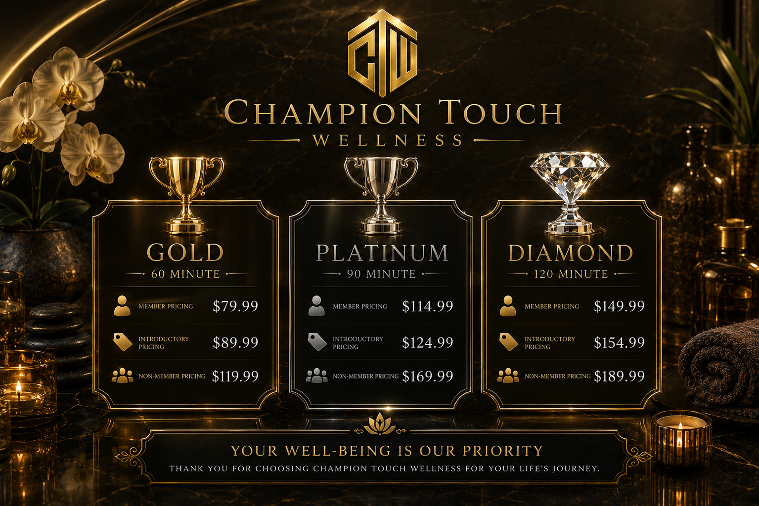 Pricing options at Champion Touch Wellness for gold, platinum, and diamond packages with different durations and prices, surrounded by candles, plants, and decorative objects.