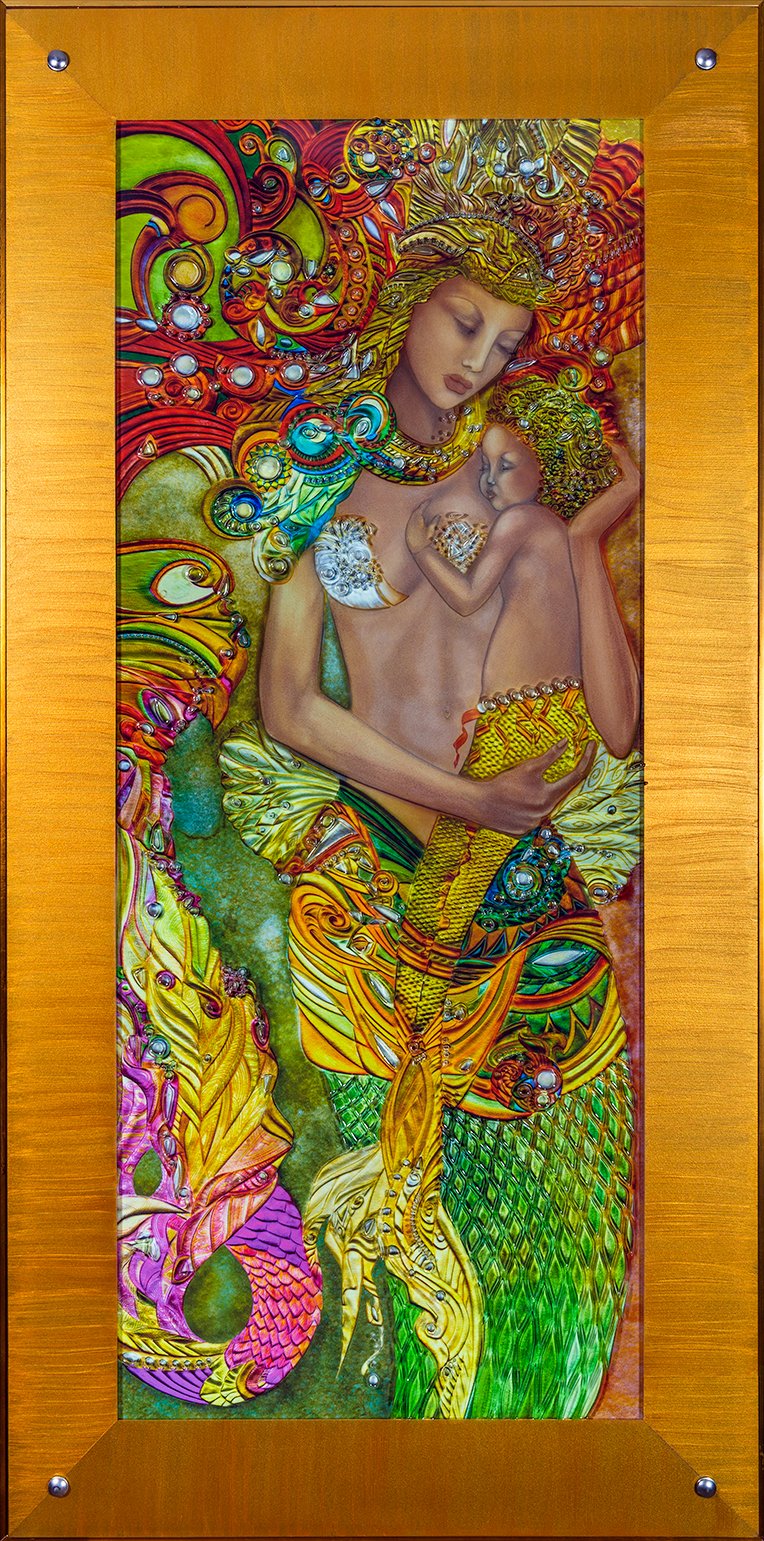 "Cape Verde" - Assemblage. Giclee Print, Carved Glass, Hand-painted Gold Frame. 29" x 58"