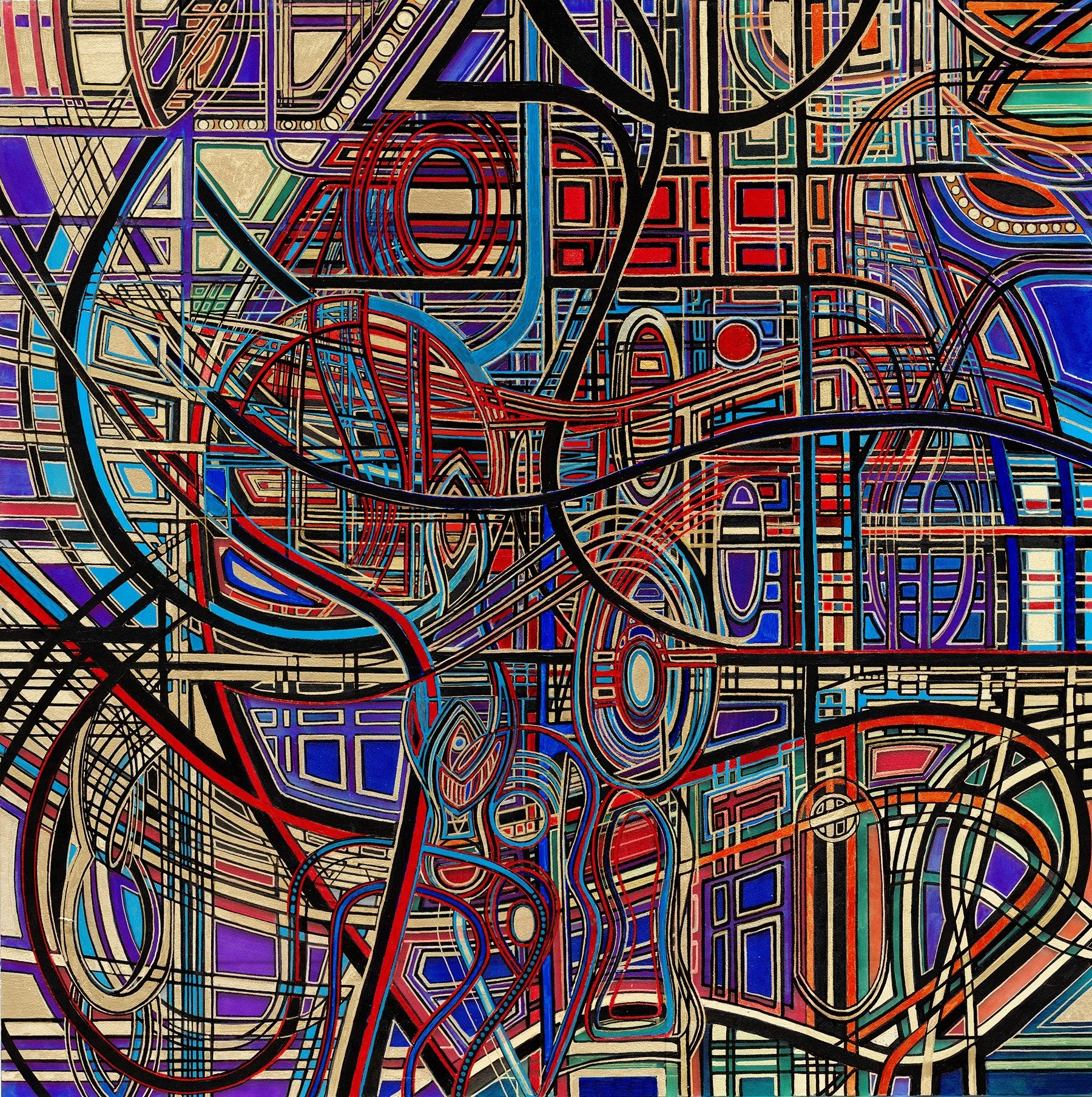 Pen and Ink, Paint on Frosted Glass Panel, 42" x 42"