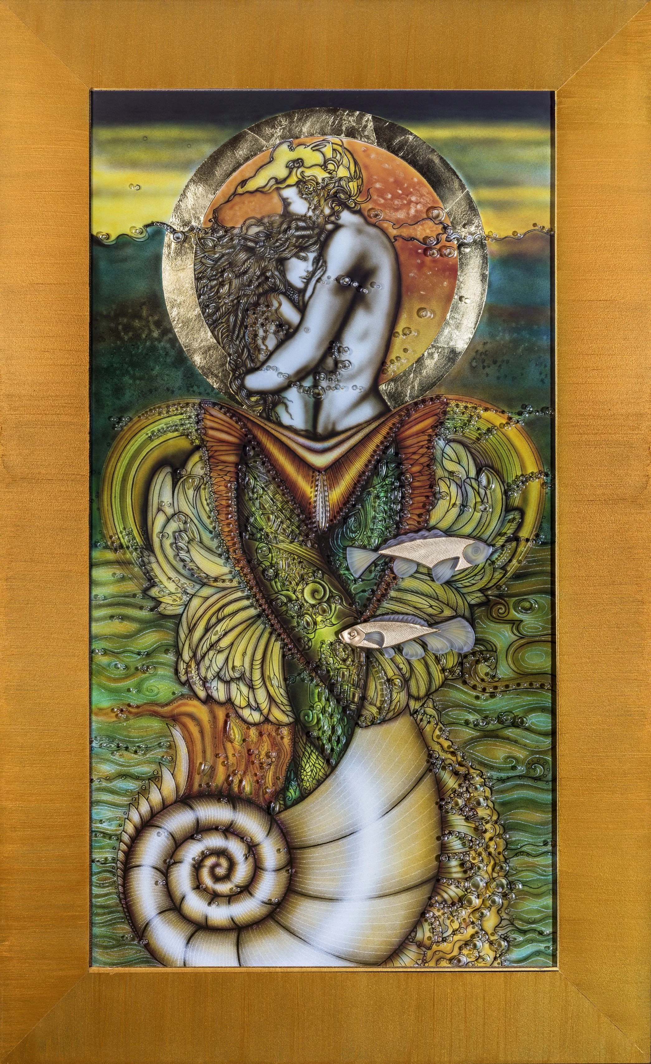"Lovers" - Assemblage. Giclee Print, Carved Glass, Hand-painted gold frame, 28" x 47"
