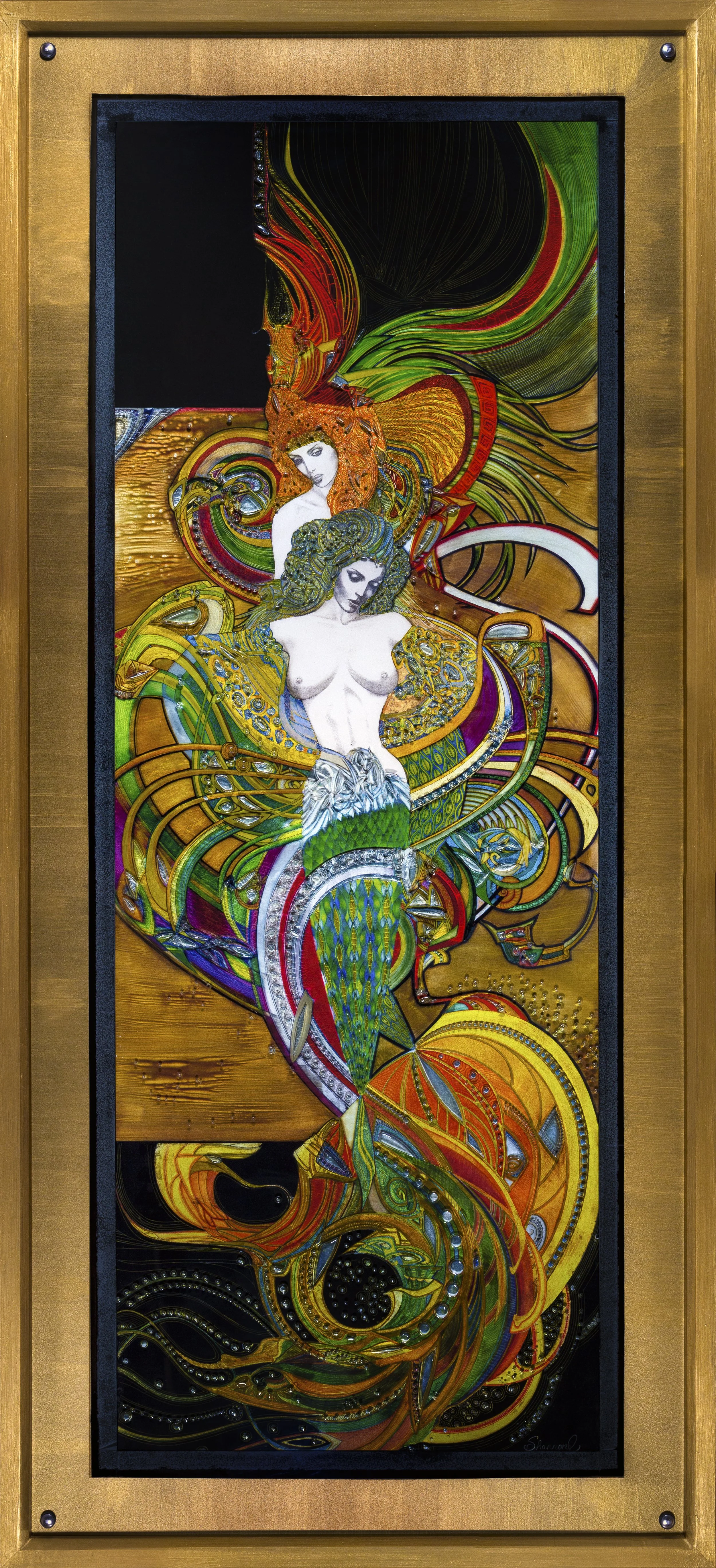"Sisters" - Assemblage. Giclee Print, Carved Glass Panel, Hand-painted Gold Frame. 33.5" x 97"