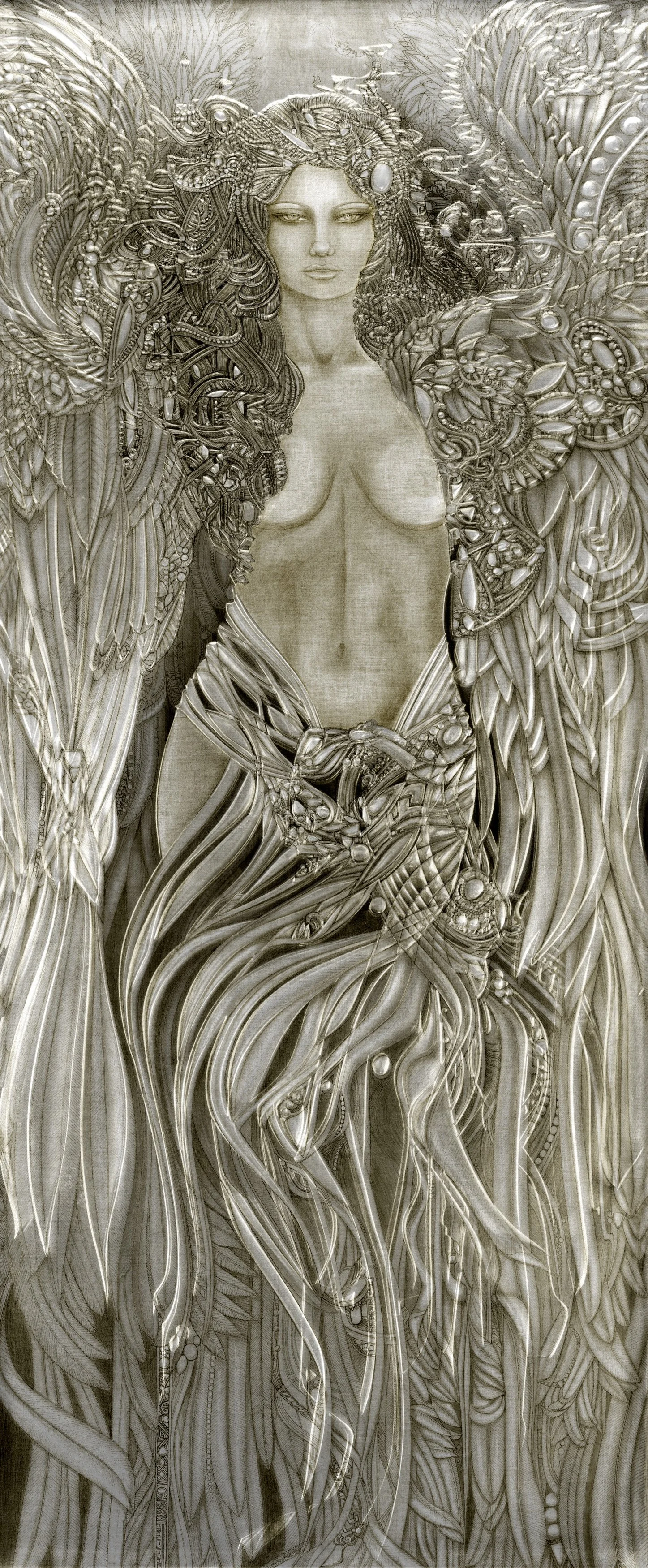"The Angel: Bronze" - Carved Glass, Mixed Media. 37" x 71"