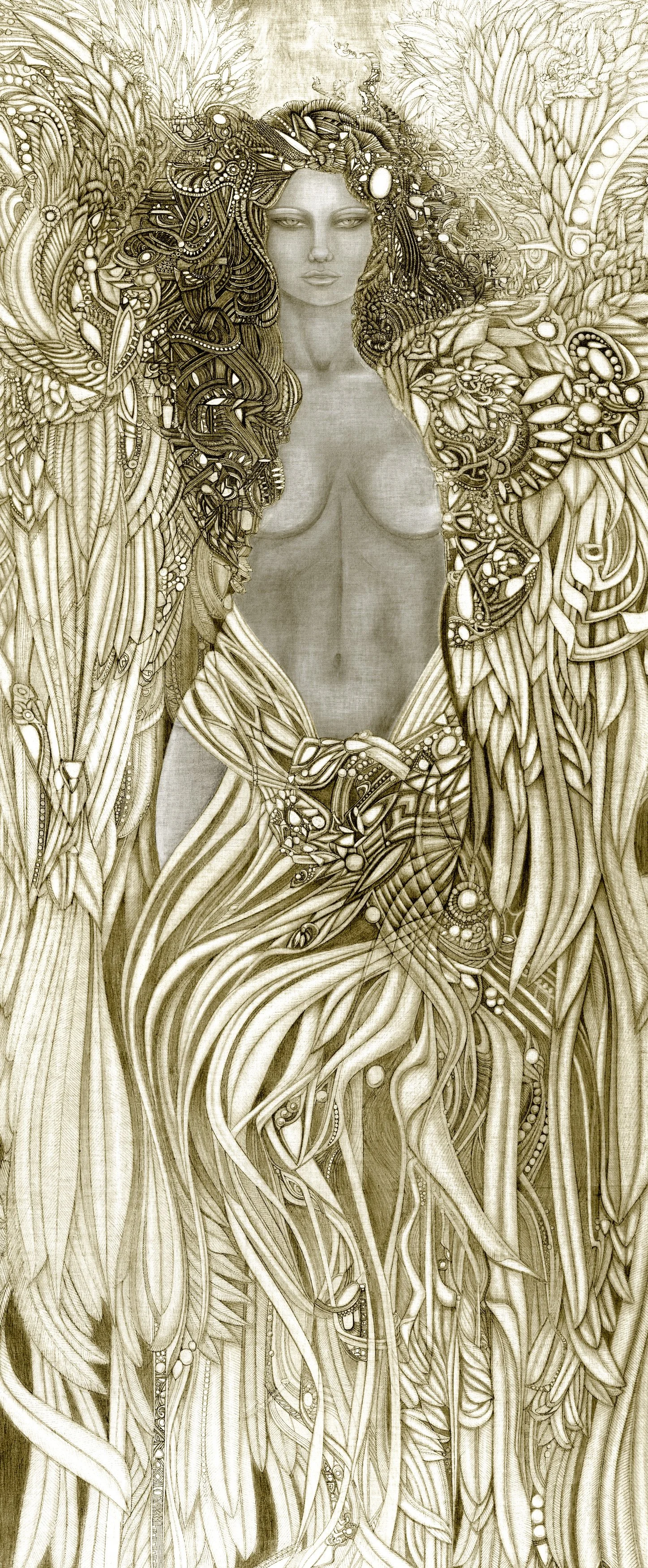 "The Angel: Intense" - Carved Glass, Mixed Media. 37" x 71"