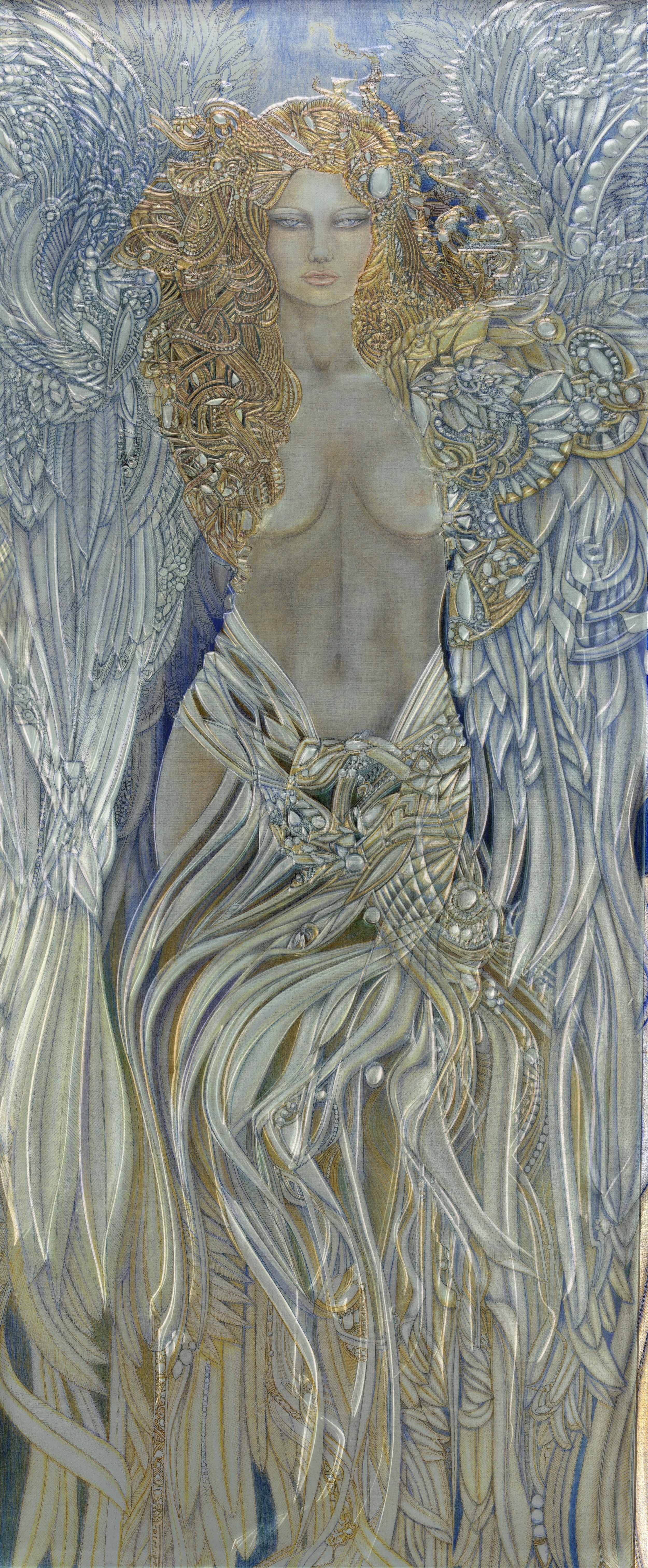 "The Angel: Blue" (Glass) - Carved Glass, Mixed Media, 37" x 71"