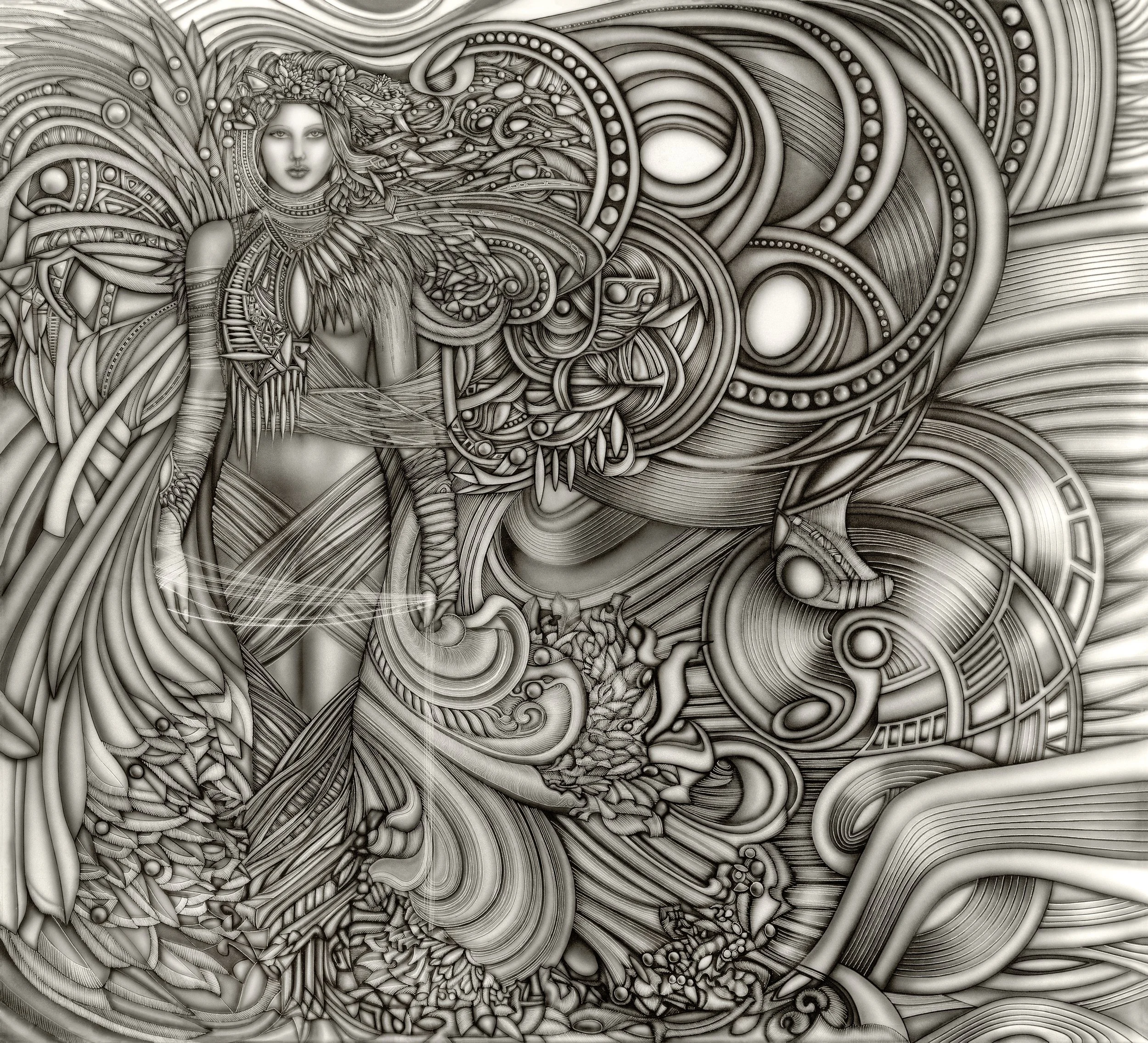 "Ariadne: Gray" - - Liquid Graphite on Glass Panel, 48" x 48"