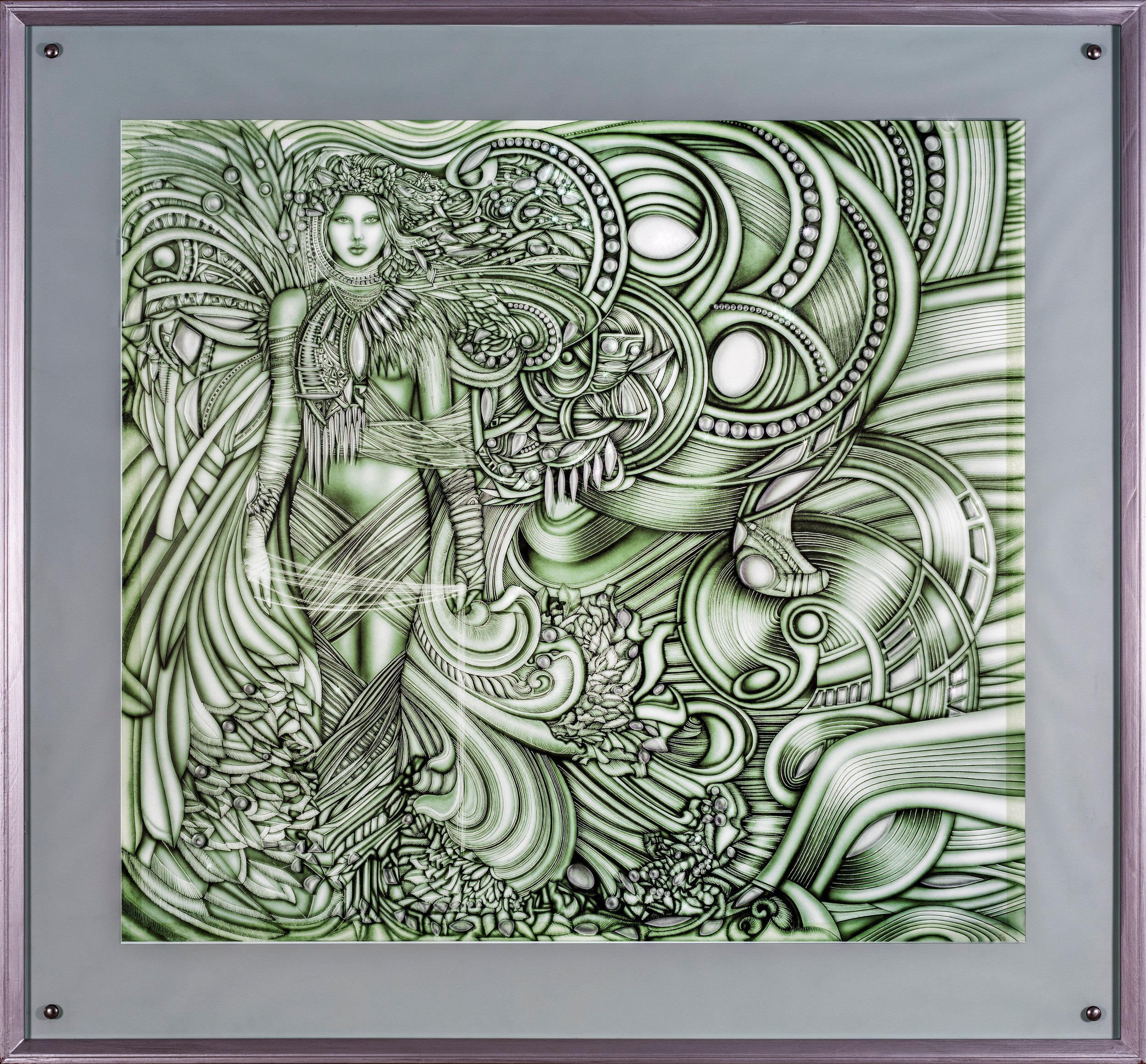 "Ariadne" (Assemblage) - Giclee Print, Carved Glass Frame, 48" x 48"