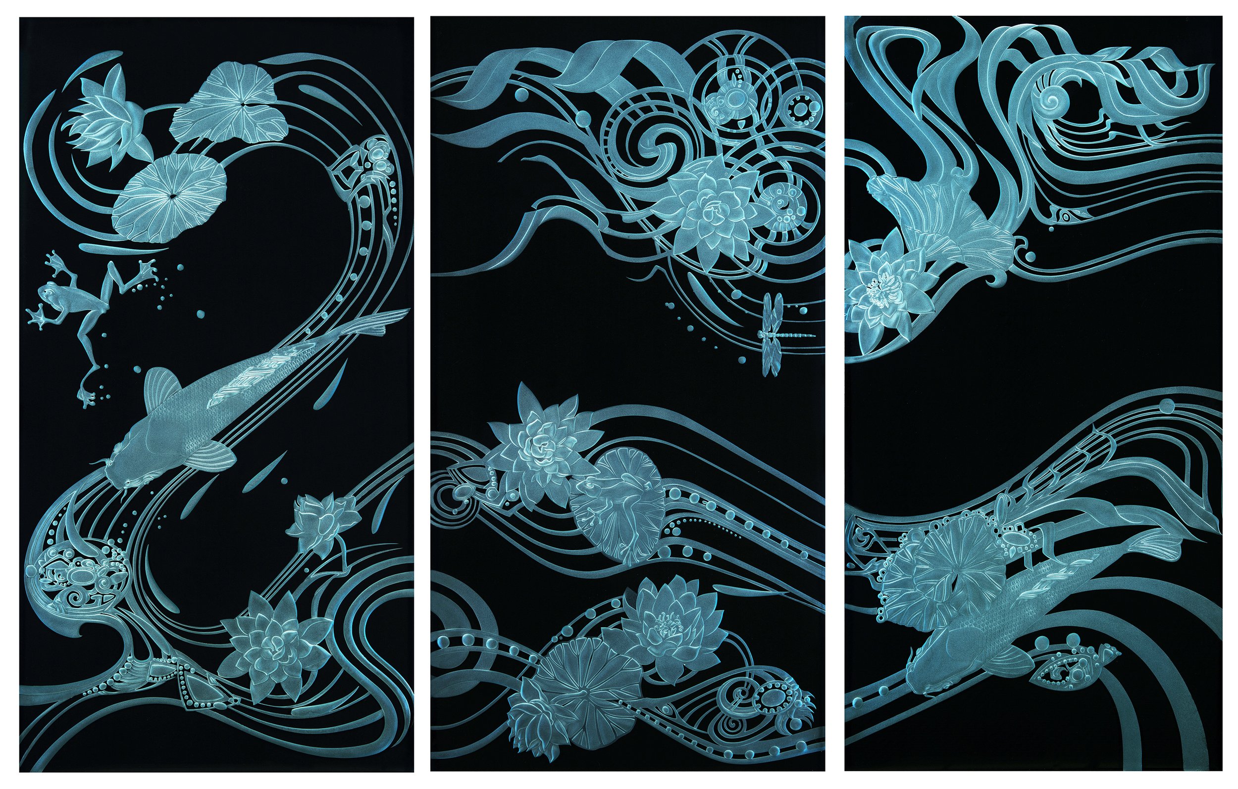 "Pond Triptych" - Carved Glass, 36" x 54" Triptych:  High end reproductions are available, both as individual pieces or in a grouping of all three, from Turquoise Six Arts, LLC