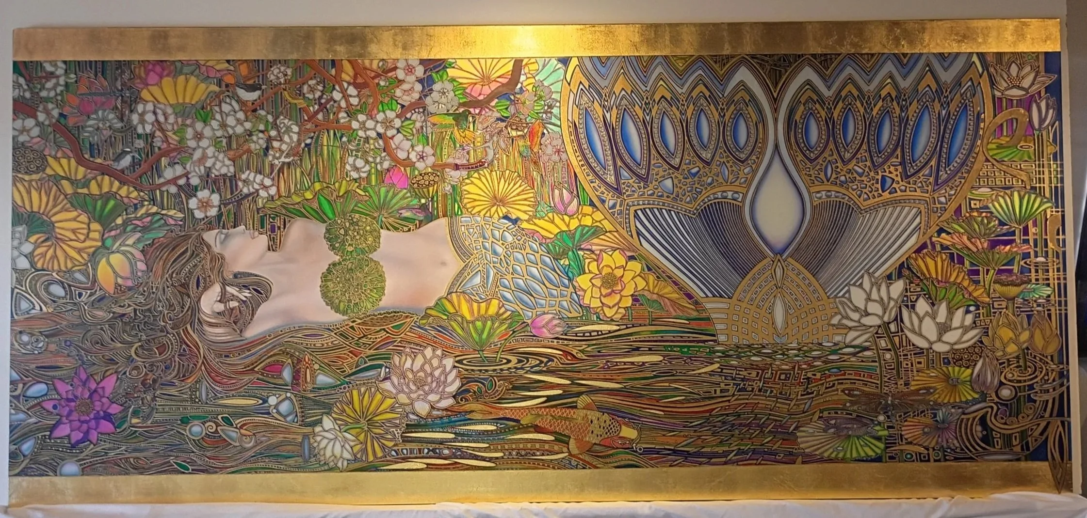 Lady Blue  (Gold Leaf, Airbrush, Ink, Mixed Media, 42” × 92”)