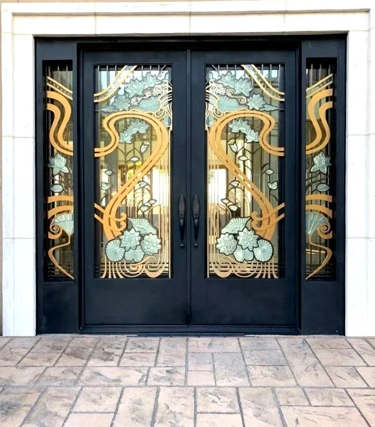 Carved Glass and Wrought Iron entry door installation