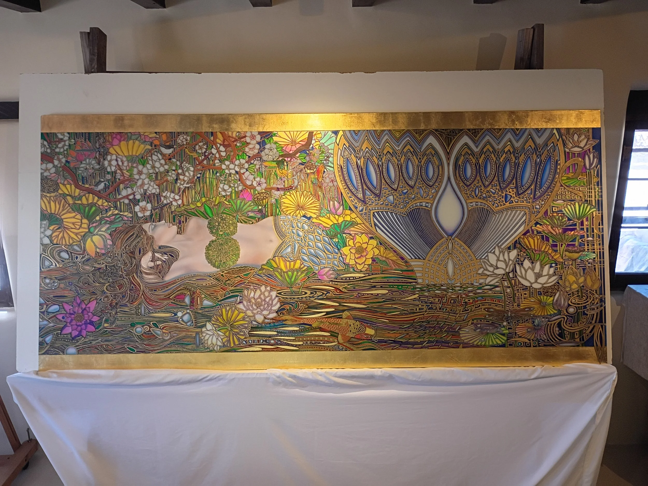 Lady Blue  (Gold Leaf, Airbrush, Ink, Mixed Media, 42” × 92”)