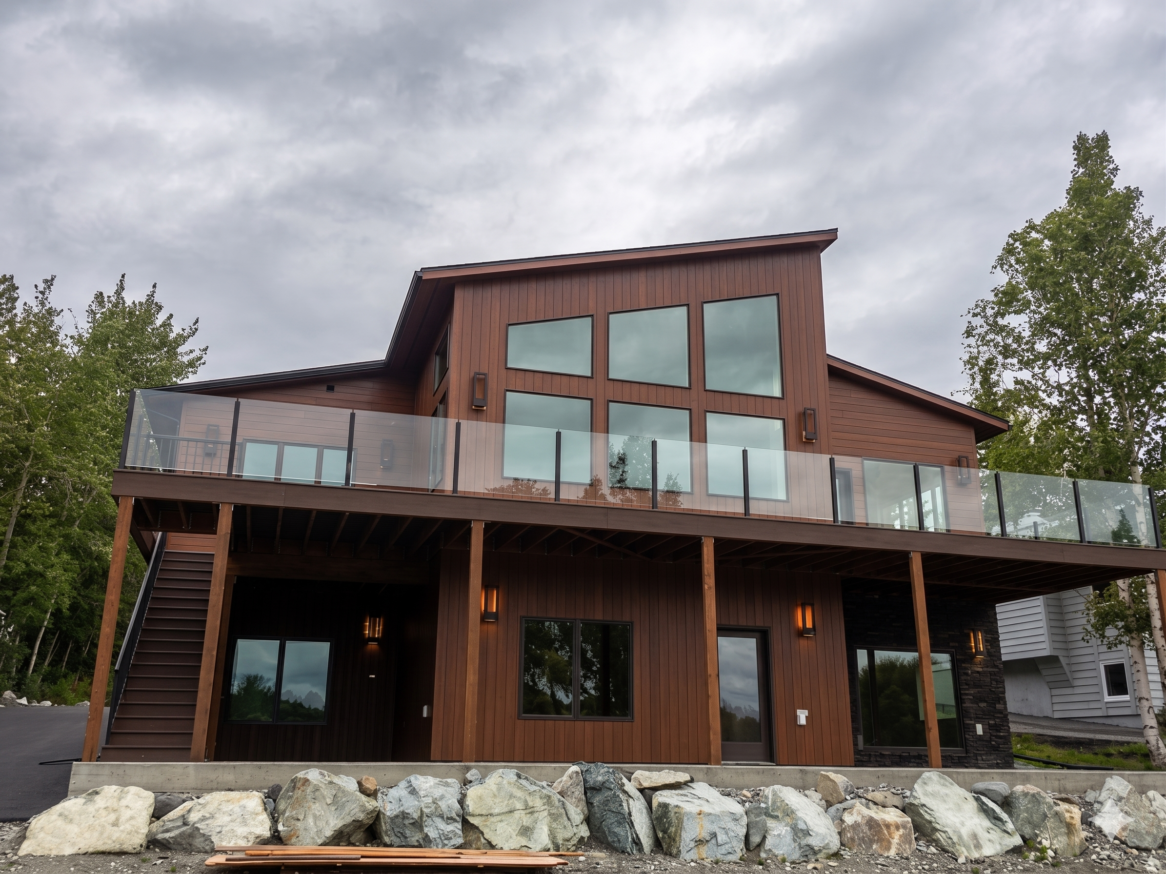Modern two-story house with brown wooden exterior, large windows, and a glass balcony, surrounded by trees and rocks under cloudy skies.
